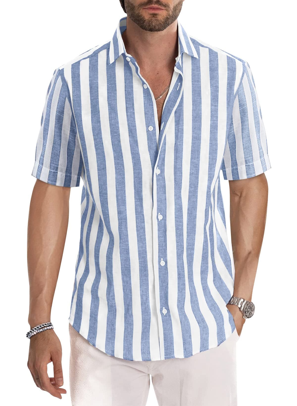 Meilicloth Men's Short Sleeve Shirts Summer Striped Casual Shirt Button Down Regular Fit Tops, Top for Long Lasting Comfort