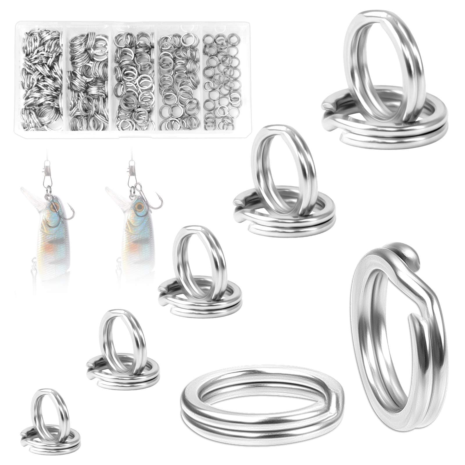 250 Pcs Stainless Steel Split Rings (5 Sizes) for Fishing Tackle, Double Ring Connector for Jigging Hooks and Lures