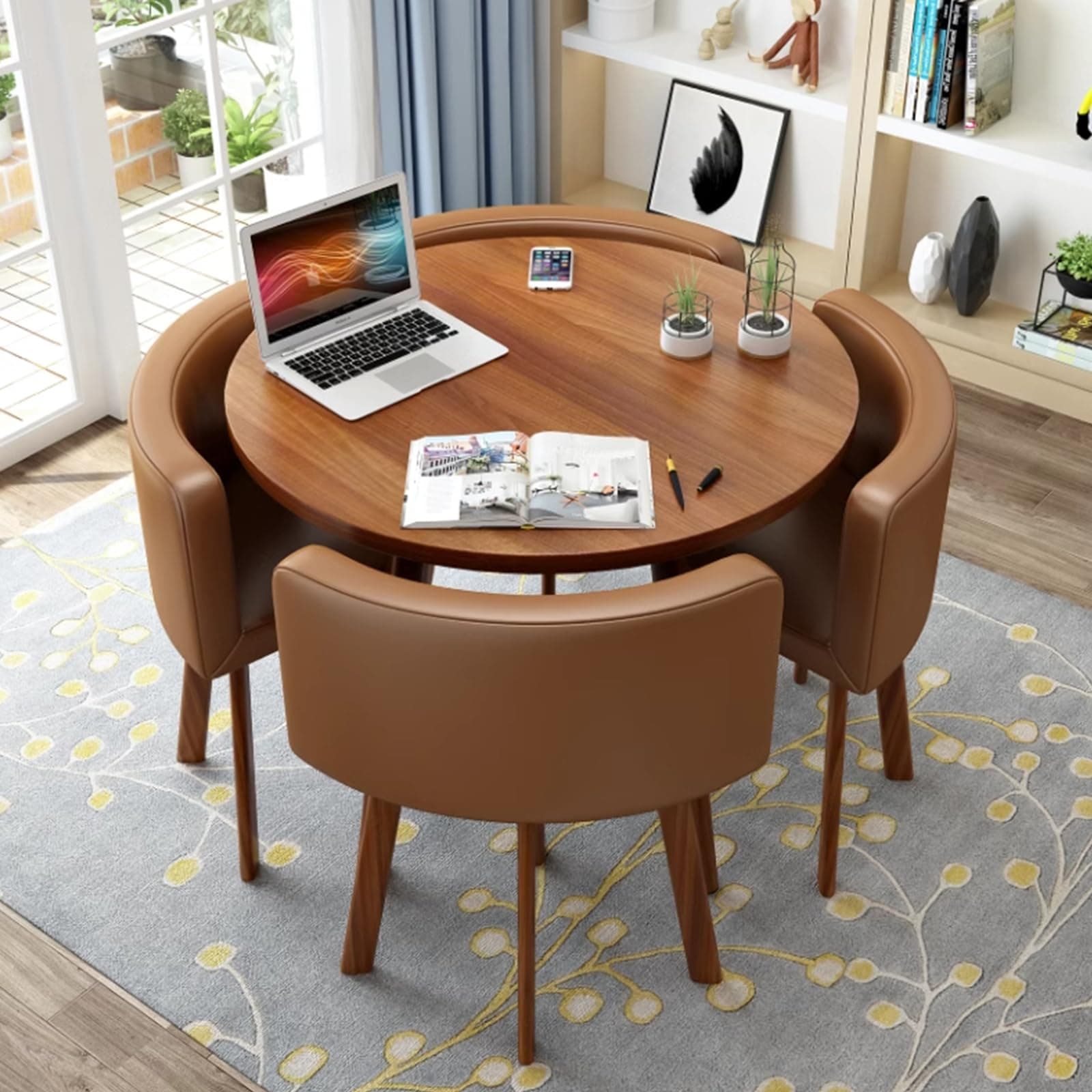 Round Kitchen Dining Table Set for 4, Space Saving Table and Chairs Set with Thick Tabletop 4 Upholstered Chairs, Dinning Room Modern Casual Coffee Table Set(D 31.5inch/80cm, PU CoffeeA)