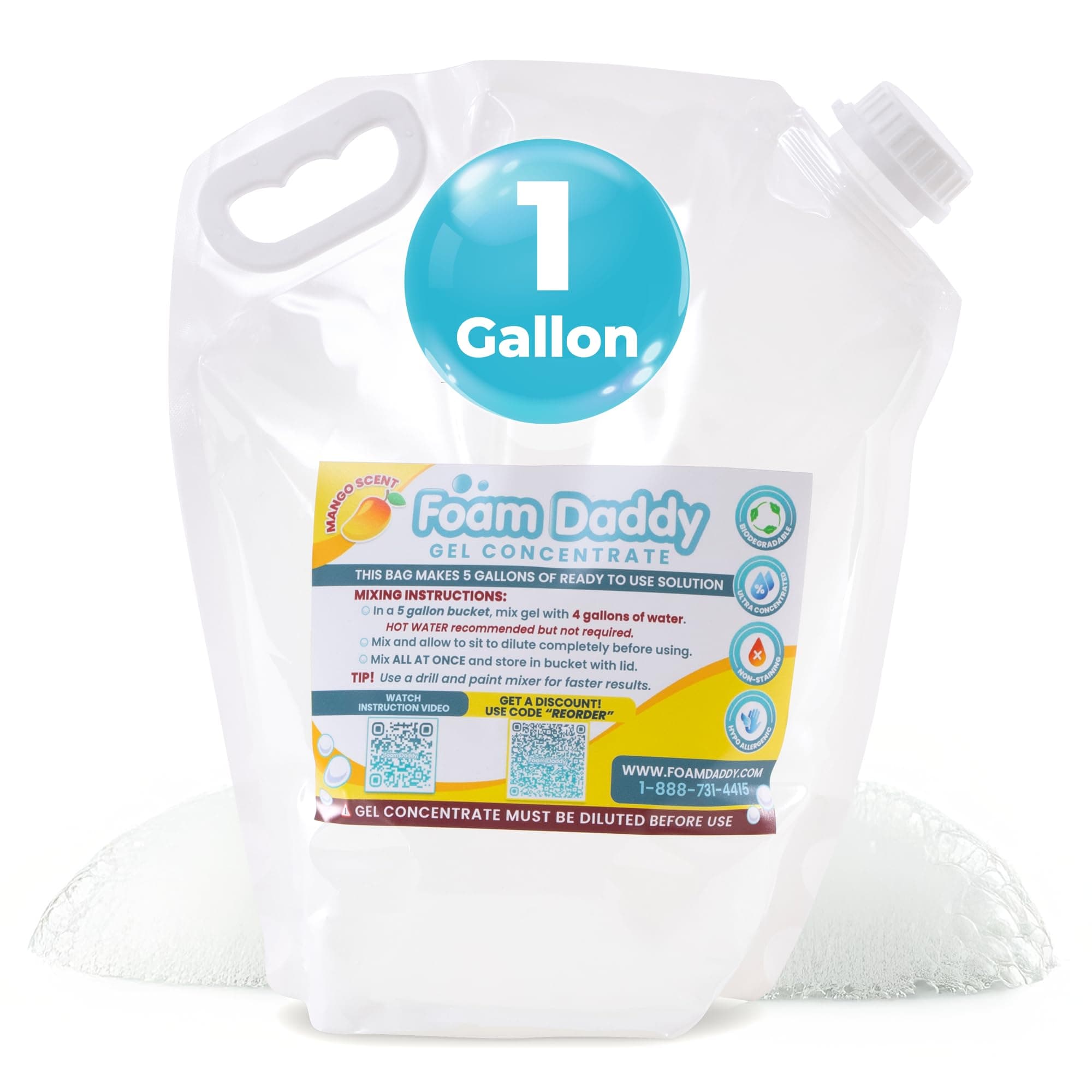 Foam Daddy Foam Machine Gel Solution - Professional Super Stacking Foam Machine Refill, 10 Rounds, Foam Machine Fluid that Makes 400 Gallons of Foam Party Fun! - 1 Gallon (Mango Scented)