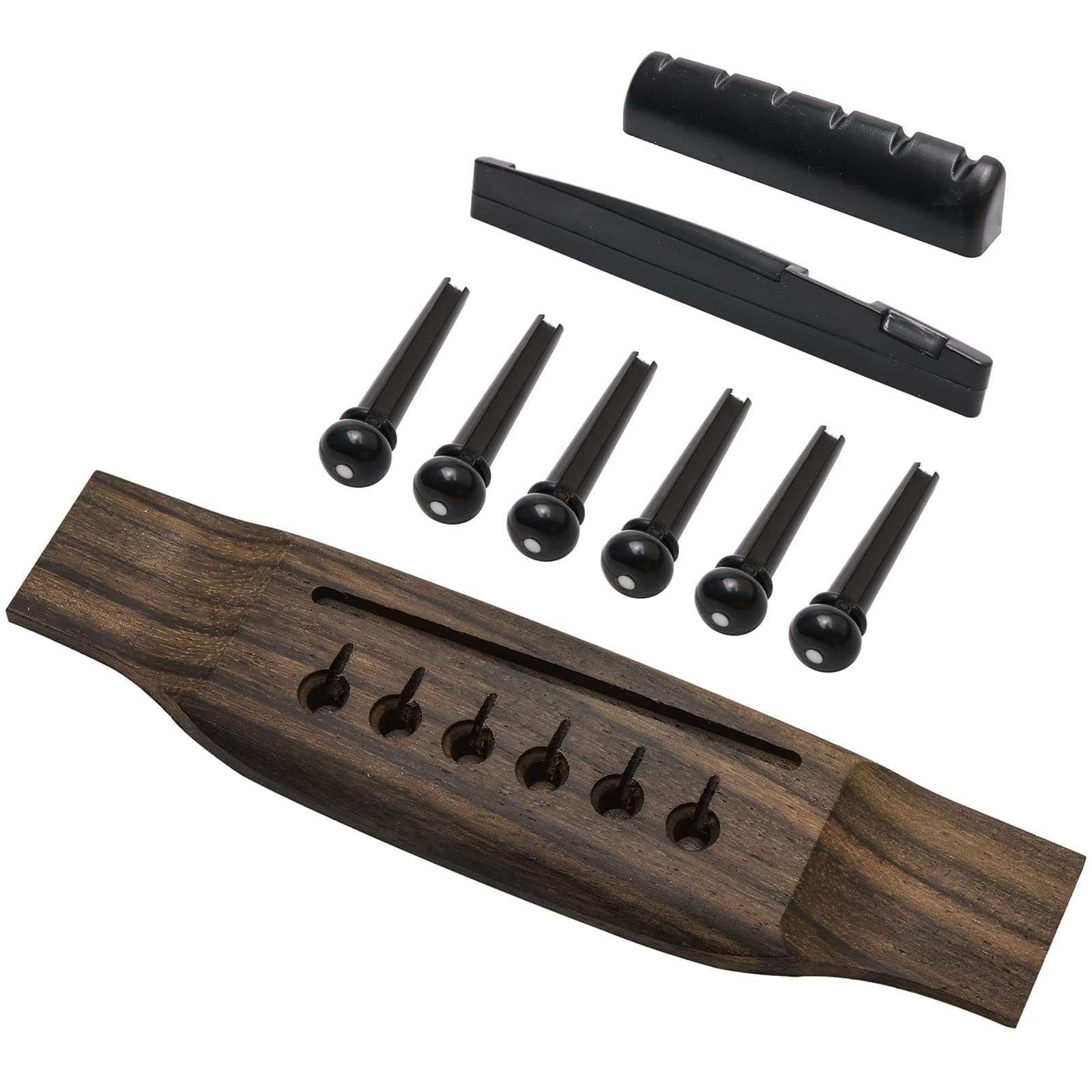 6 String Rosewood Acoustic Guitar Bridge Saddle Nut Pins Set with Six Pin Kit and Rosewood Bridge Replacement Parts, Black
