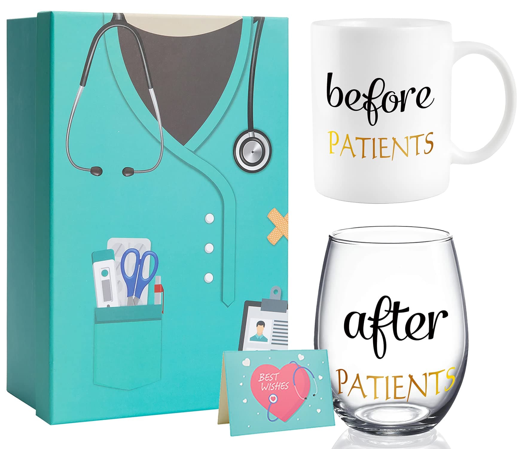 Before Patients After Patients Gift Set 11 oz Coffee Mug and 18 oz Stemless Wine Glass with Gift Package for Dentist Nurses Day Graduation Gifts (Blue)