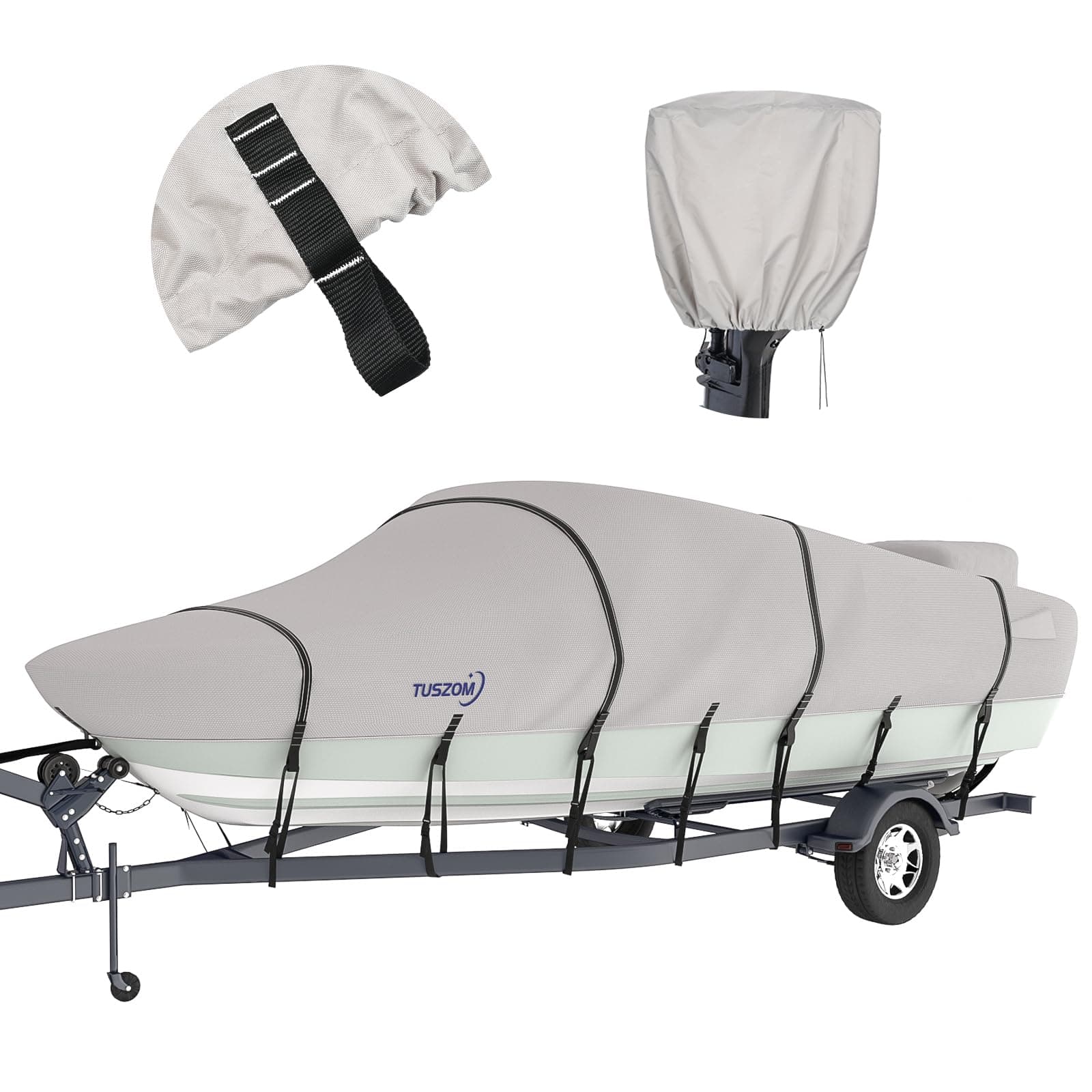 TuszomBoat Cover 900D Marine Grade Polyester Canvas Trailerable Full Size Boat Cover with Motor Cover for V-Hull Runabouts Outboards and I/O Bass Boats, Fits 17' - 19' L, UP to 96" W