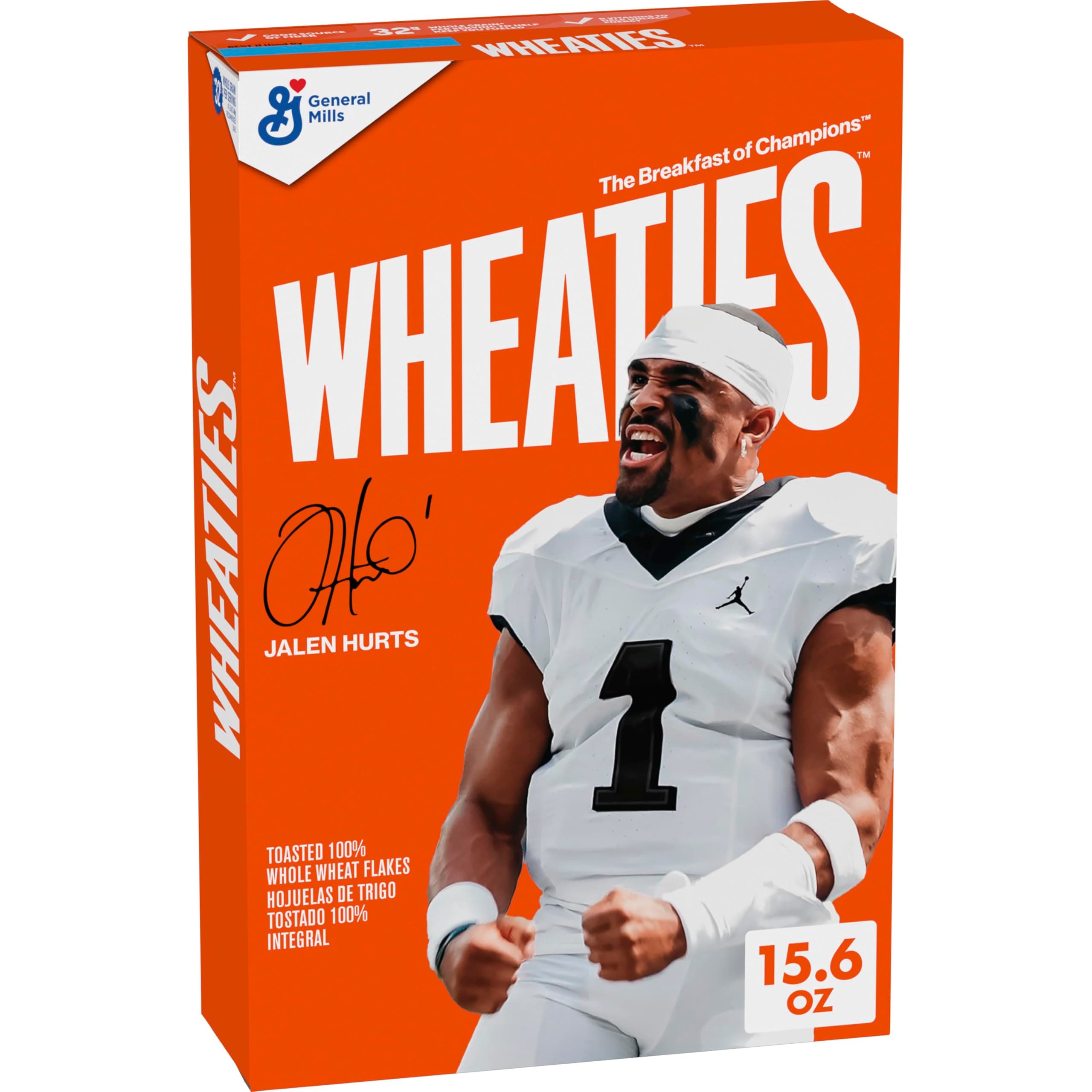 Cereal, Breakfast of Champions, Jalen Hurts Cereal Box, 100% Whole Wheat Flakes, 15.6 oz
