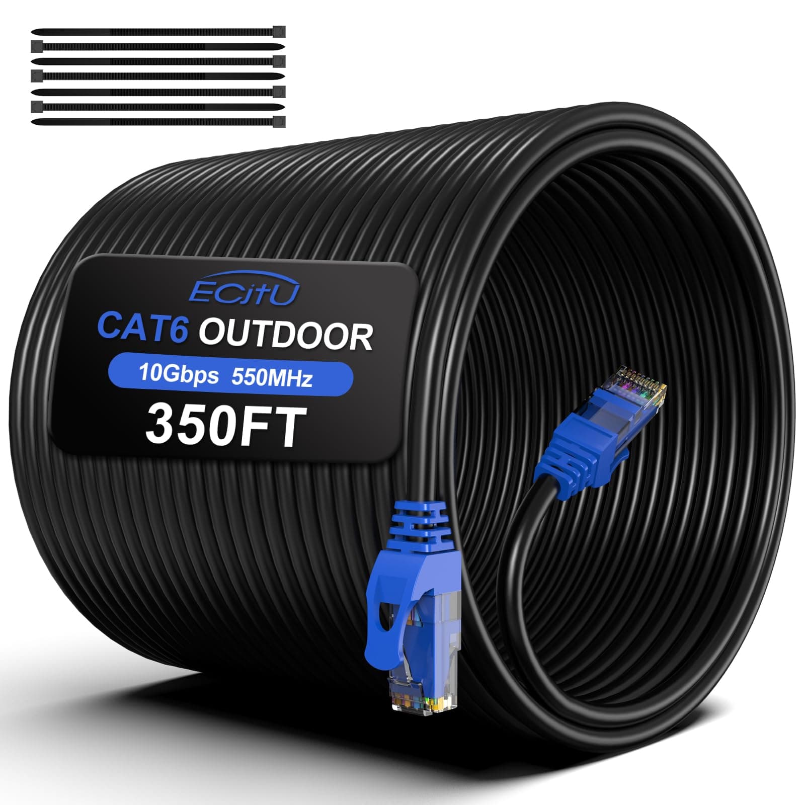 350FT Cat6 Outdoor Ethernet Cable, In-Ground, Heavy Duty Direct Burial, 24AWG CCA Patch Cord, POE, UTP, Waterproof, LLDPE UV Resistant, Network, Internet, LAN, Cat 6 Cable 350 Feet with 25 Cable Ties