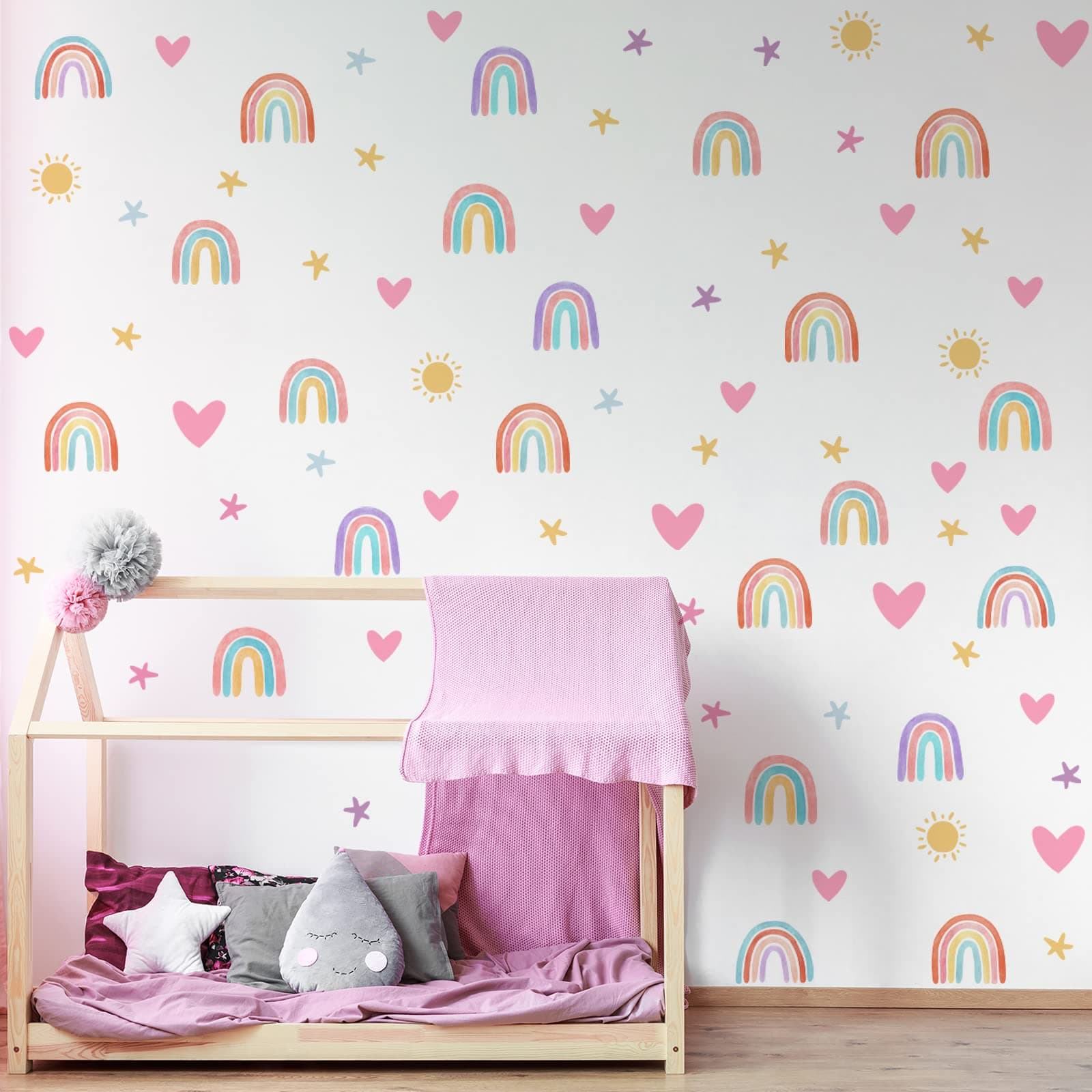 Sepamoon Rainbow Wall Decor Stickers Small Rainbow Wall Decal Watercolor Heart Sun Star Wall Stickers for Girls Boys Baby Bedroom Nursery Wall Decor(Classic Color)