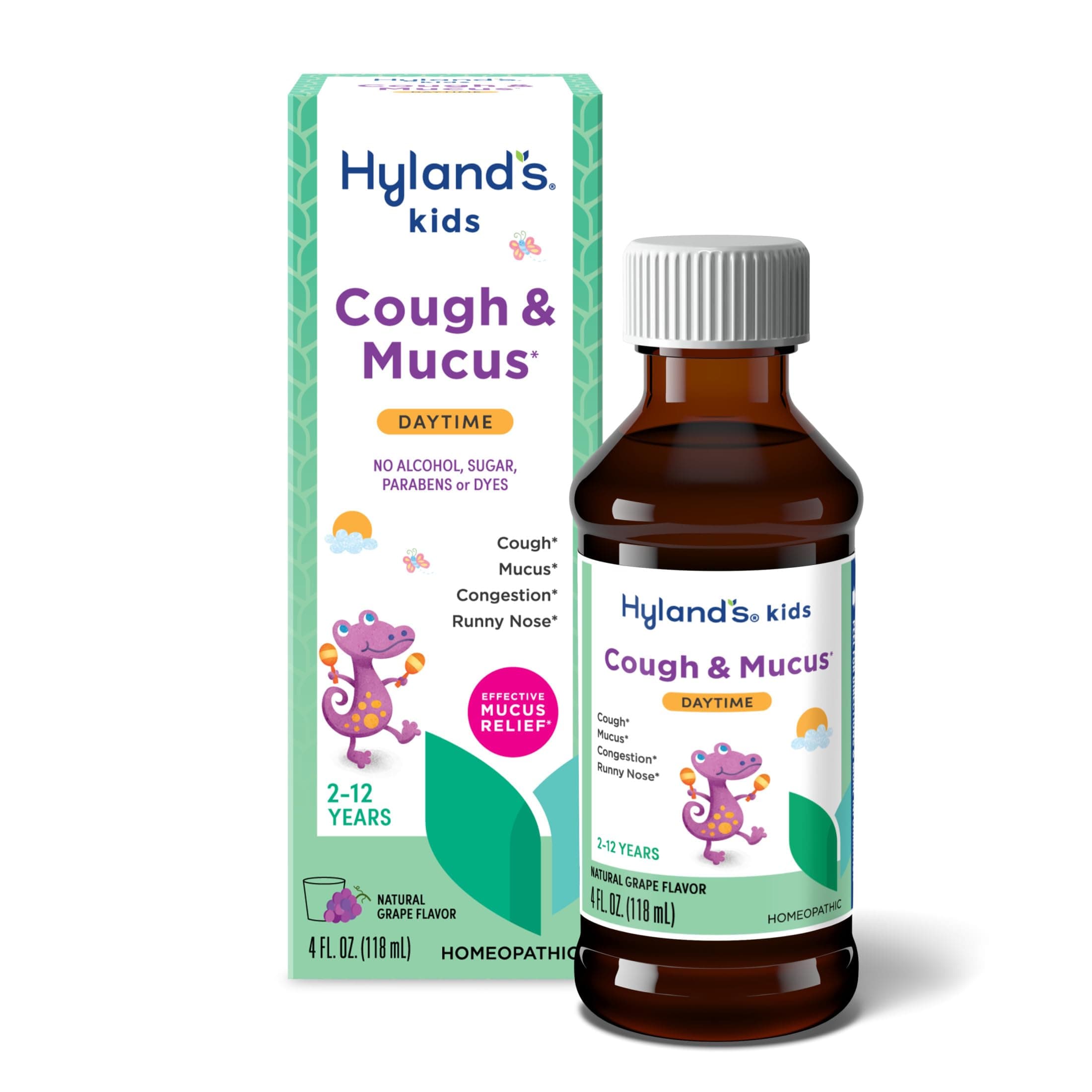 Hyland's Kids Daytime Cough Syrup and Mucus Relief, Kids Medicine for Ages 2-12, Grape Flavor, Natural Relief of Cough, Runny Nose, Mucus and Congestion, 4 Ounces