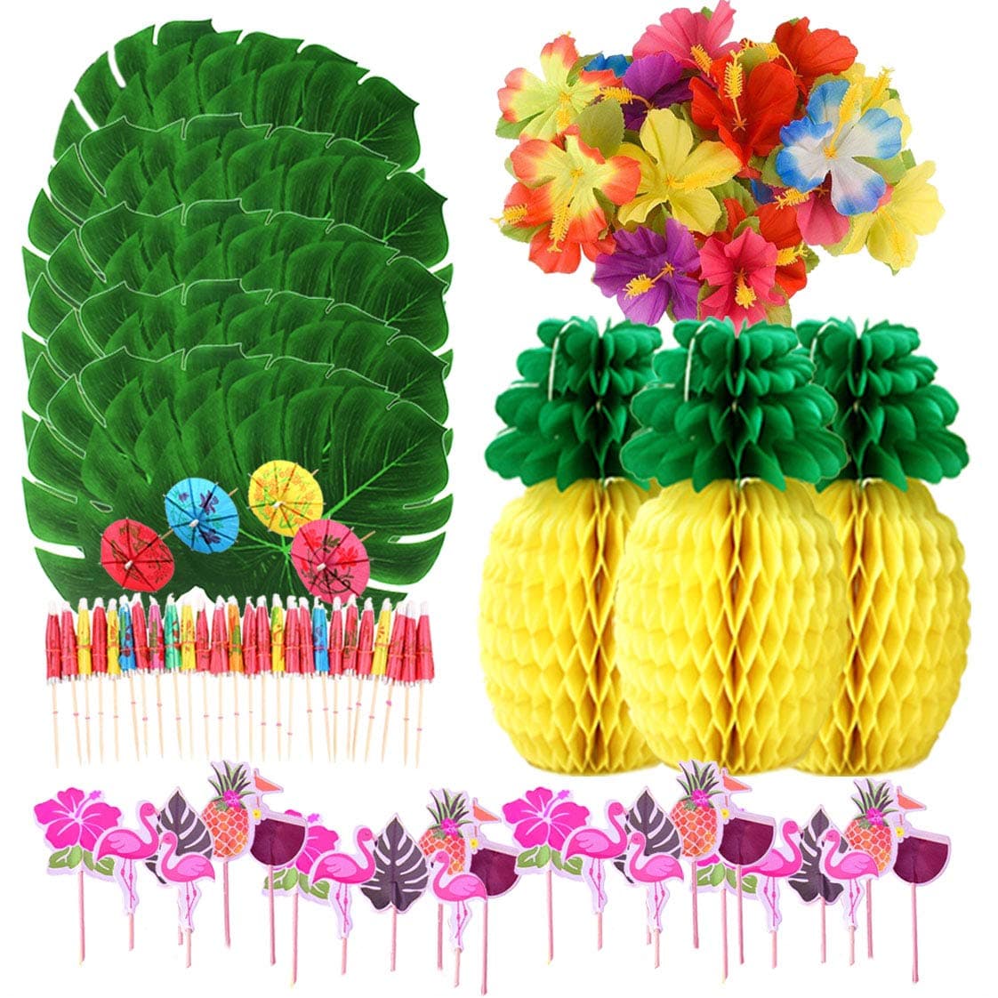 105 PCS Hawaiian Luau Jungle Party Decorations Tropical Party Theme Supplies Set Tropical Palm Leaves,Silk Hibiscus Flowers,Tissue Paper Pineapples,Paper Cocktail Umbrella,Cupcake Toppers (105 PCS)