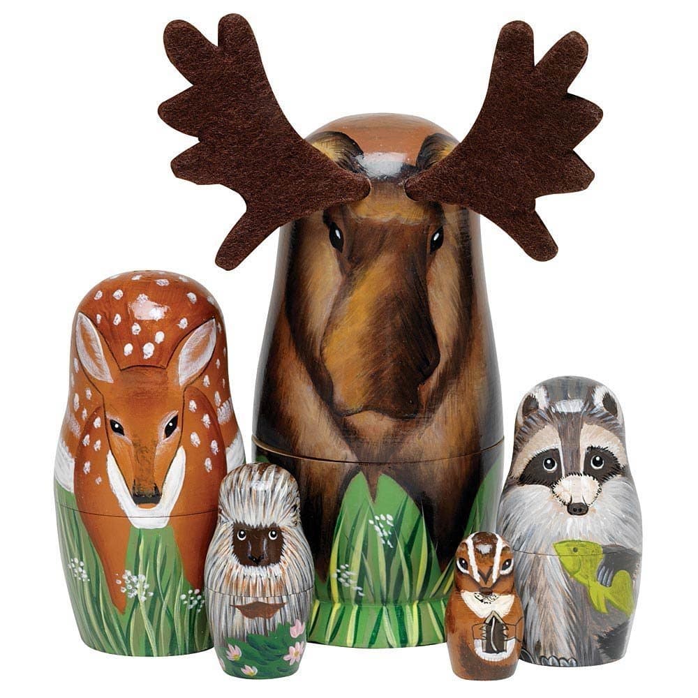 Bits and Pieces - "Woody And Friends" American Woodland Creatures Nesting Dolls - Hand Painted Wooden Nesting Dolls Matryoshka Animal Figurines - Set of 5 Dolls