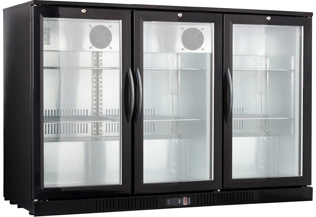 3-door Glass Front Back Bar Beverage Cooler; 54" Wide, Counter Height Refrigerator (Black)