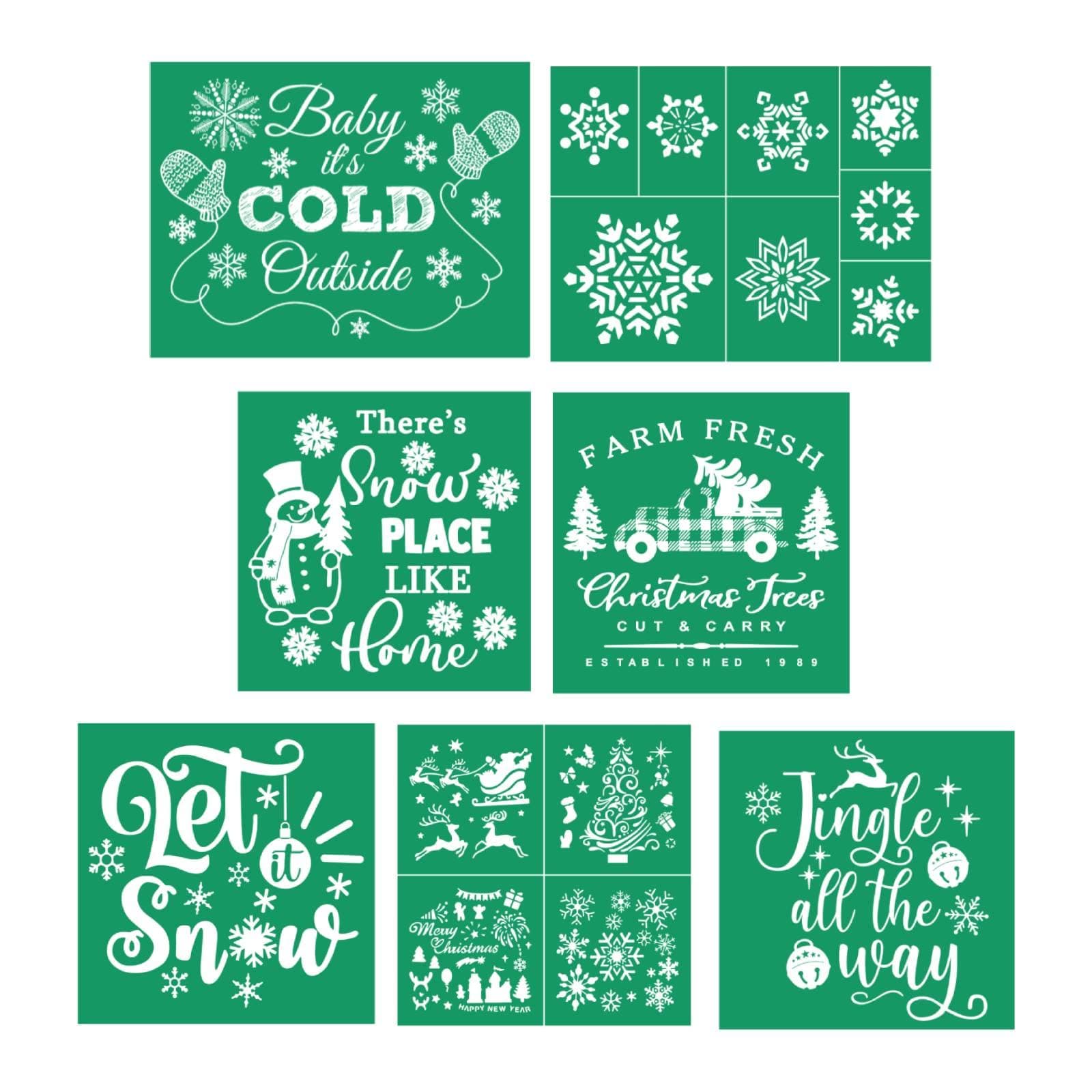 DGAGA 7PCS Christmas Silk Screen Stencils Reusable Self Adhesive Christmas Tree Chalk Mesh Stencils Silkscreen Pattern Stencil for Winter Decoration, DIY Home and Wood Signs