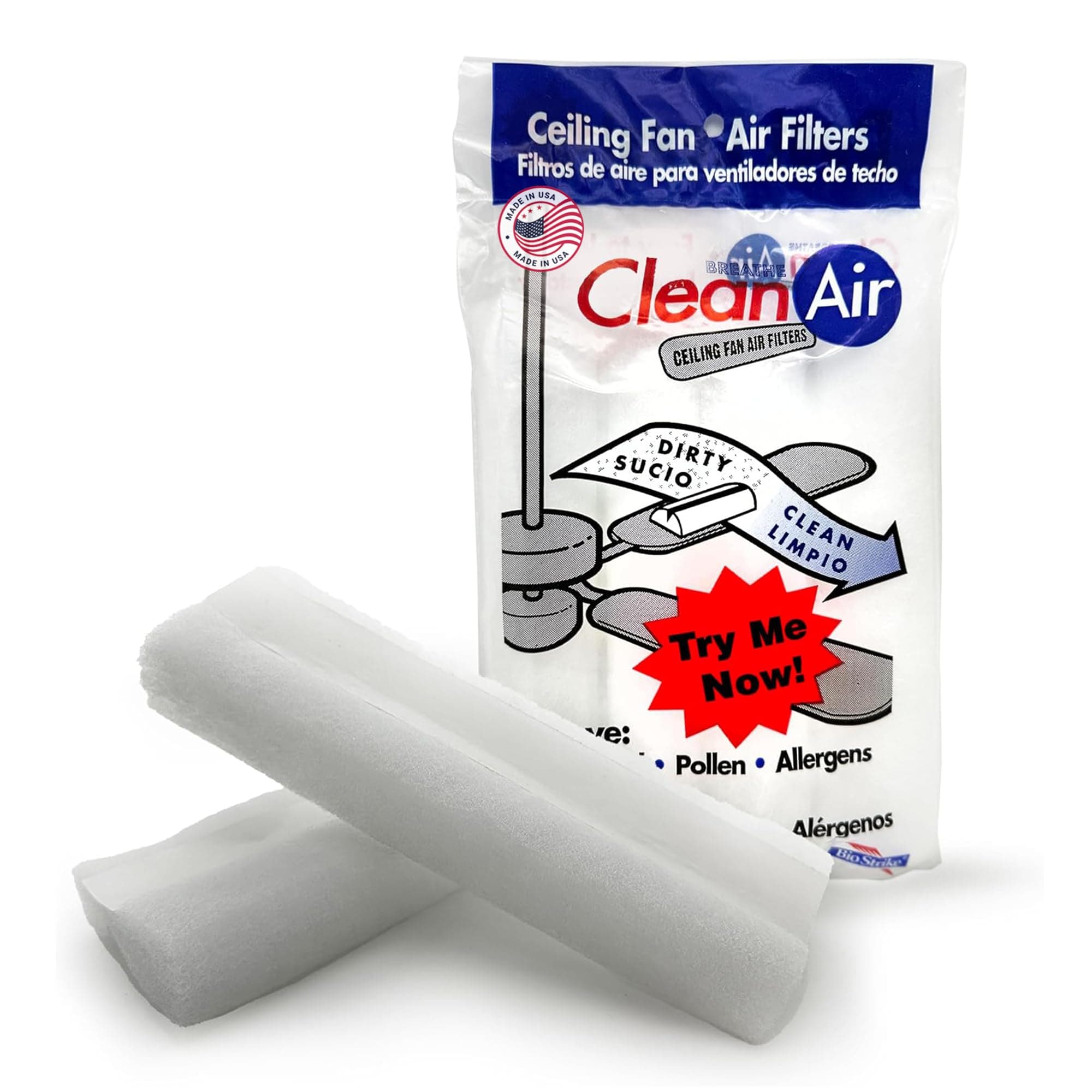 BioStrike Ceiling Fan Air Filters for Blades - Dust & Allergen Catcher - Peel & Stick, Universal Fit - Fan Blade Filter Air Purifier Pads - Made in USA - 1 Pack (Includes 2 Filters)