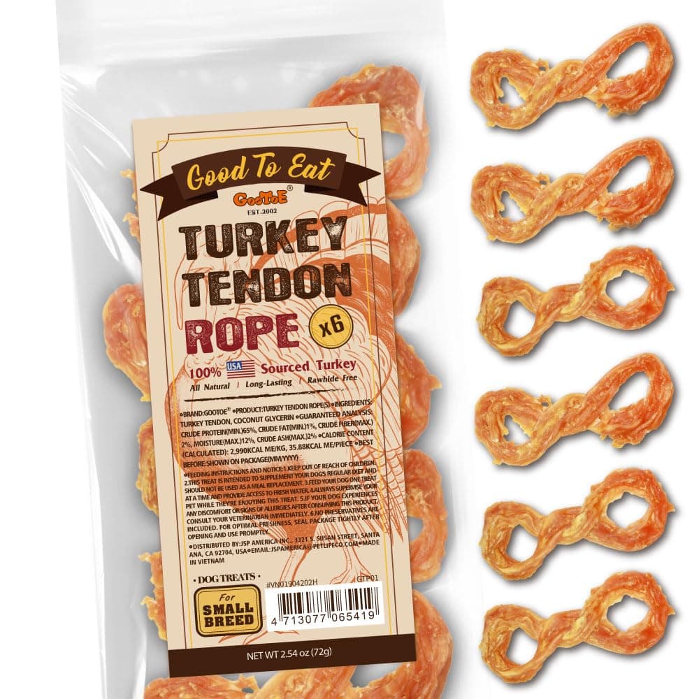 Gootoe Turkey Tendons for Dogs – All-Natural, Hypoallergenic Dog Treats, Rawhide Alternative, Long Lasting Puppy Chews, Healthy Dog Treats for Small Breeds, Rope (S), 6 Count Pack