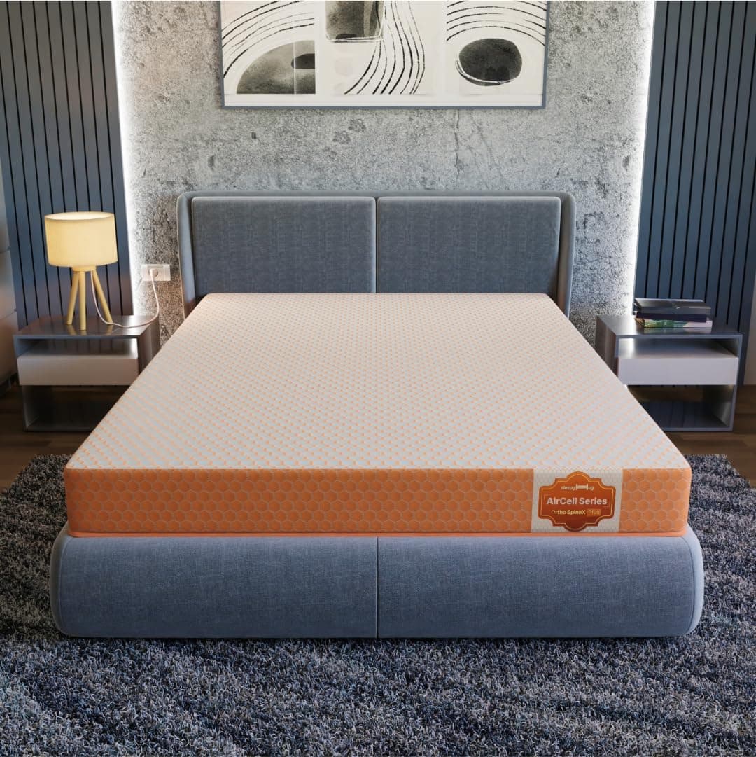 SleepyHug AirCell Ortho Spinex Plus 5 inch HR Foam Mattress | 3 Zones Support |5 Years Warranty | Back Pain Relief |Spine Alignment | Double Bed Size White & Orange (LxWxH -72x48x5 Inch)