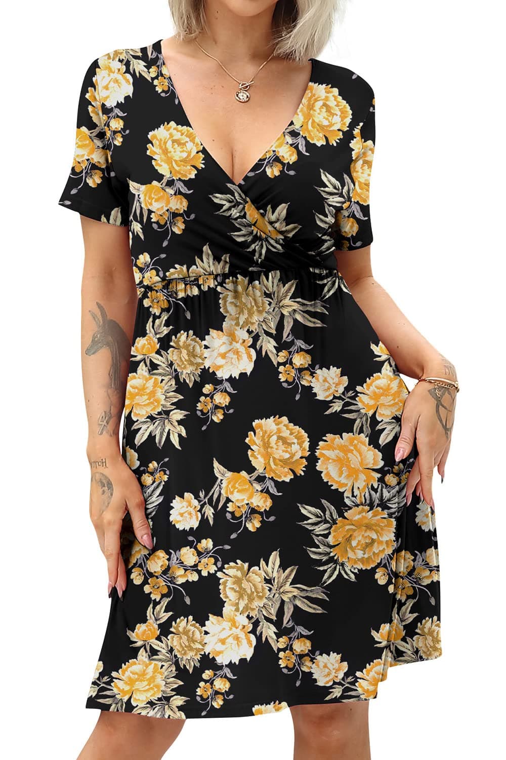 Women's Casual Loose Short Sleeve V Neck Summer Dresses with Pockets