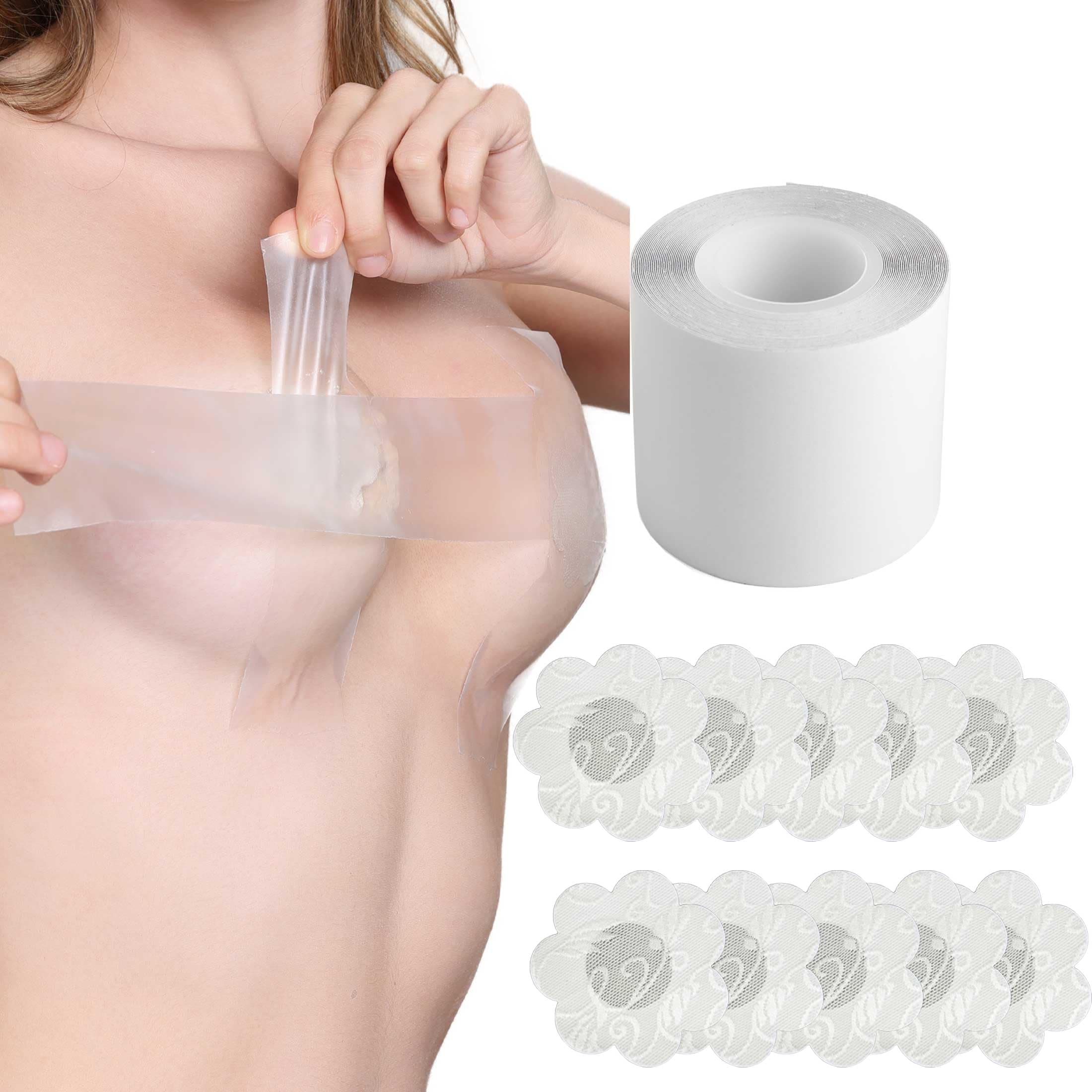Transparent Breast Lift Tape and 10 Pcs Lace Petal Backless Nipple Cover Set,Fashion Medical Athletic Body Boop Push Up bob Tape Invisible boobtape Bra for Big Breas and Women Dresses or Clothes
