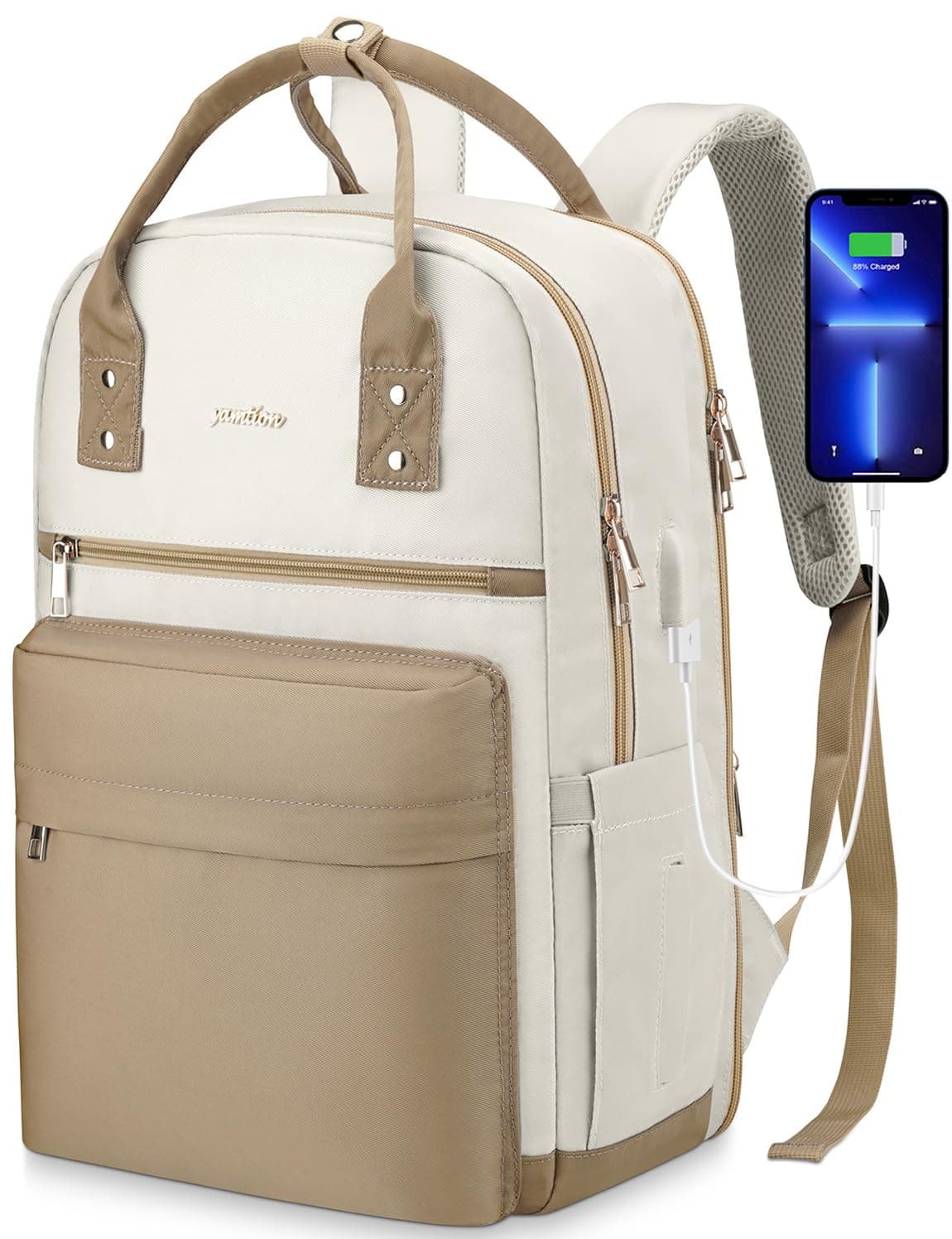 YAMTIONWomen's Backpack 17 Inch Portable Priner Backpack with USB Port for College Travel Leisure Work Business TSA Friendly Khaki Beige
