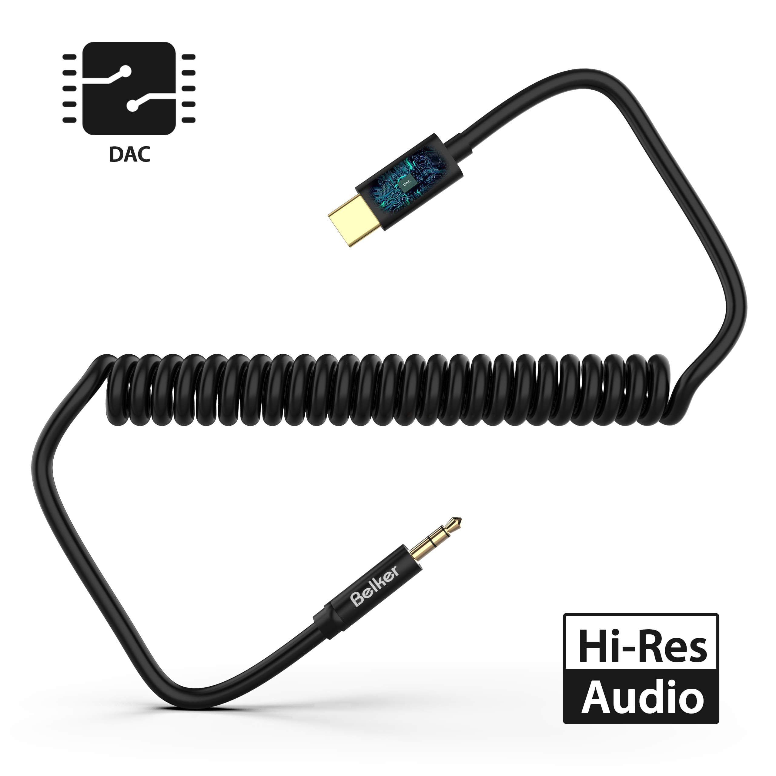Belkertech Spring USB C Aux Cable, Spring Type C to 3.5mm Audio Headphone Jack Adapter for Car with DAC Chipset for Pixel 3/3XL, Pixel2/2XL,Moto Z,Huawei Mate 10 Pro,New IPad Pro 2018 /Black