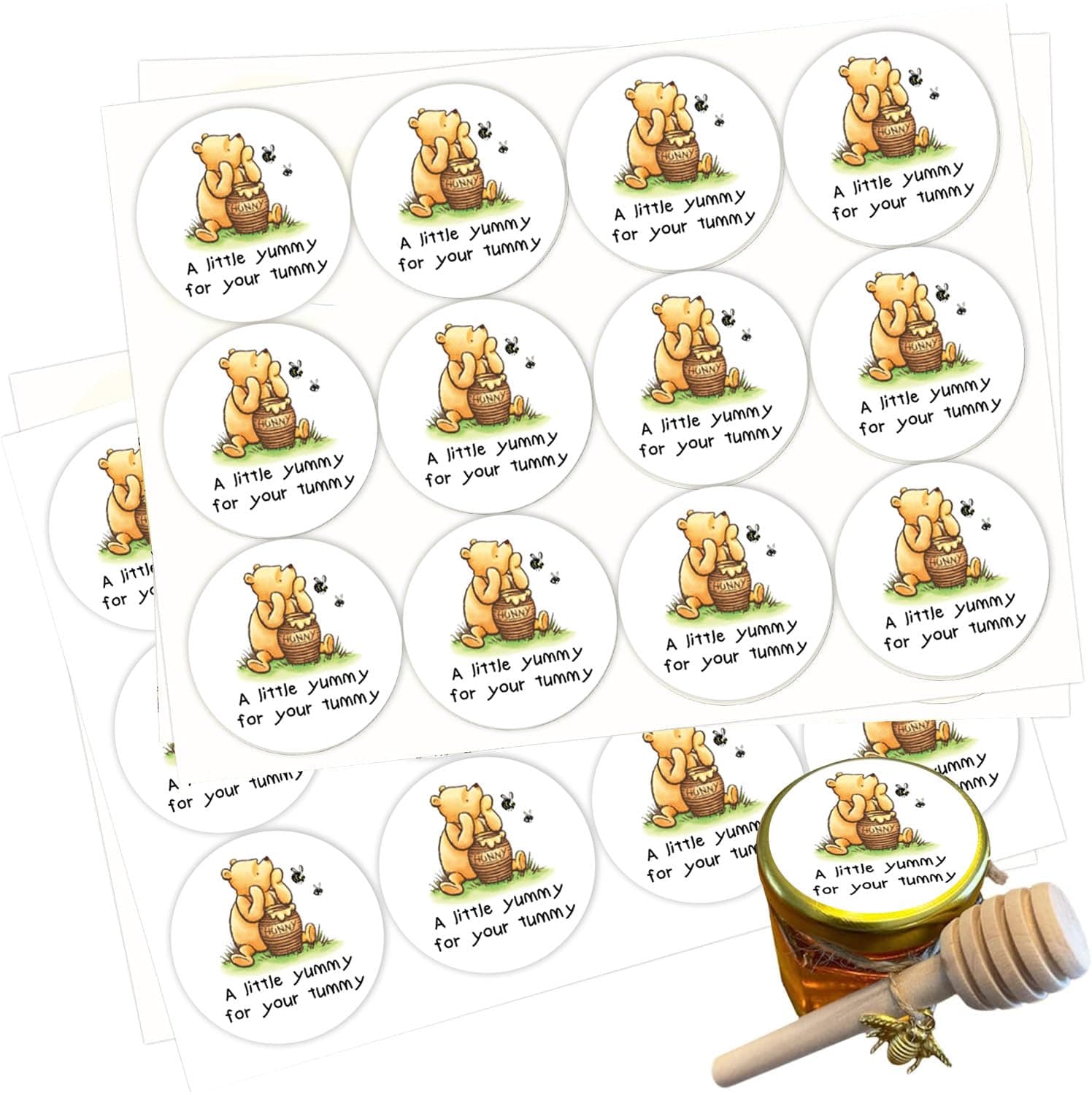 48Pcs Classic Winnie Stickers A Little Yummy for Your Tummy Honey Jar Stickers Labels The Pooh Baby Shower Decorations Bee Birthday Party Decorations Food Favors
