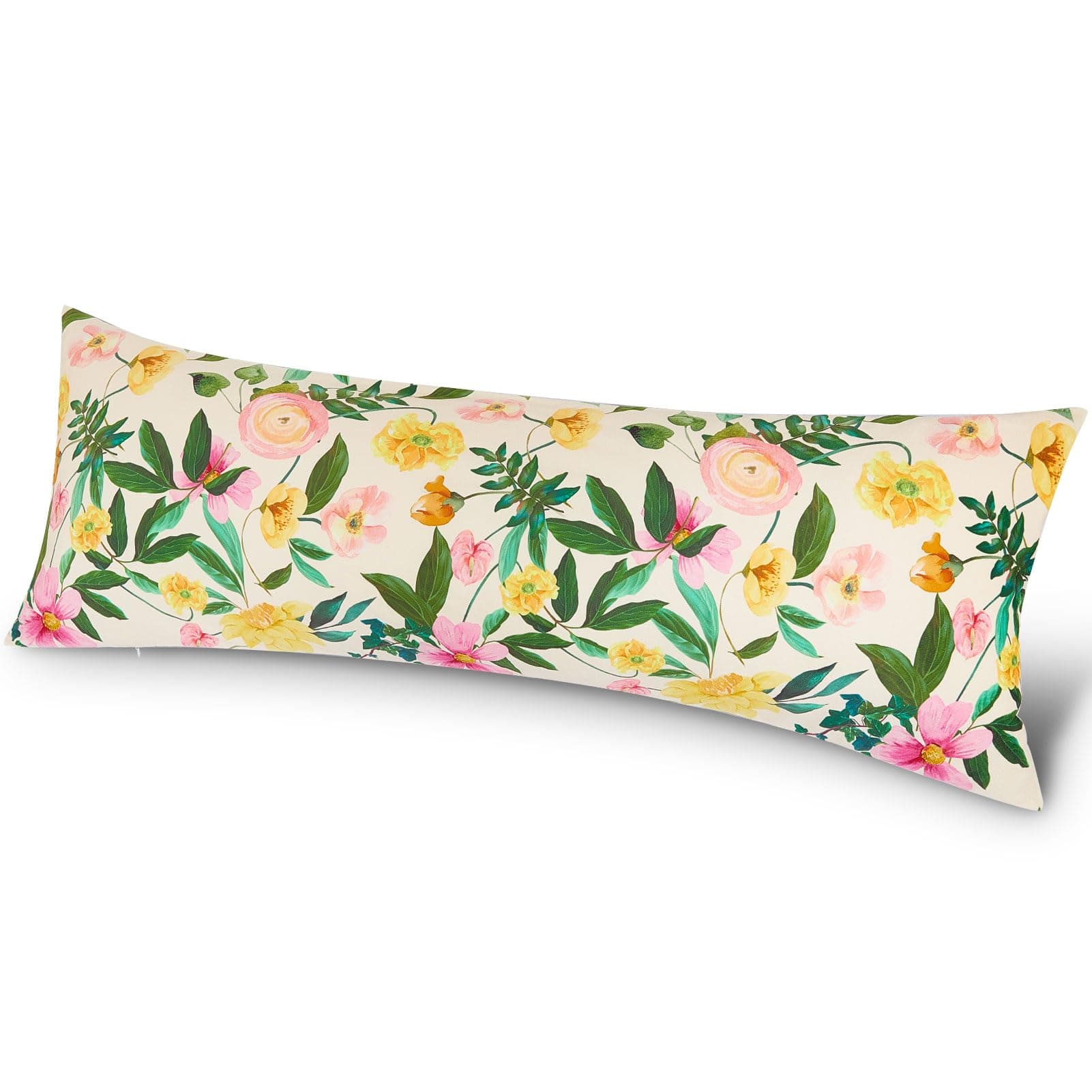 Play Tailor Body Pillow Cover with Zipper 20x54 Soft Velvet Body Pillow Case Patterned Long Pillowcase for Adults, Yellow Pink Floral