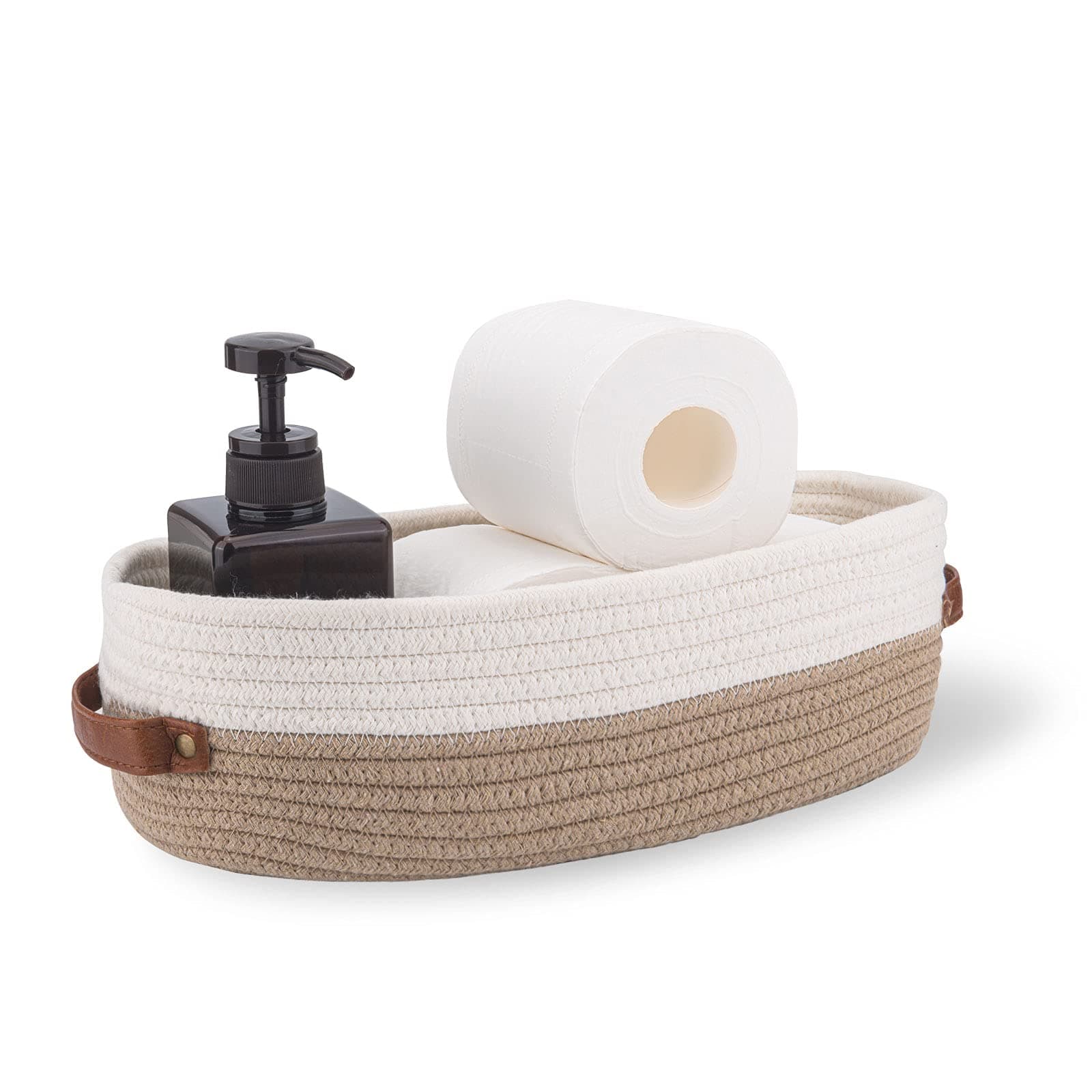 Oradrem Cotton Rope Bathroom Decor Basket,Toilet Paper Holder Basket,Farmhouse Home Decor Organizing Baskets 13"x5.9"x4" Brown Stitching White