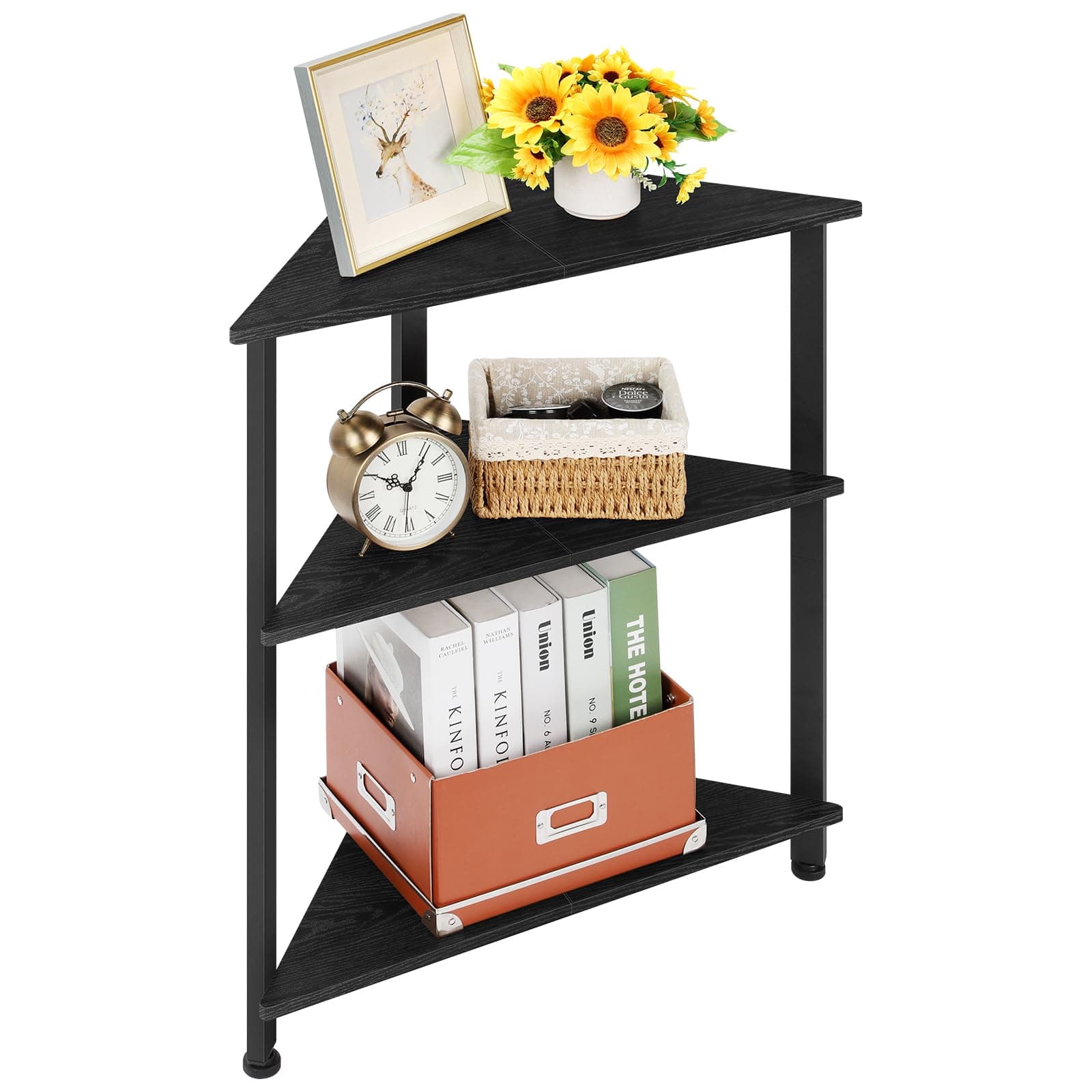 3 Tier Corner Shelf, Triangle End/Side Table, Corner Nightstand, Corner Bookshelf with Metal Frame Corner Shelf Stand for Small Space Living Room(Black)