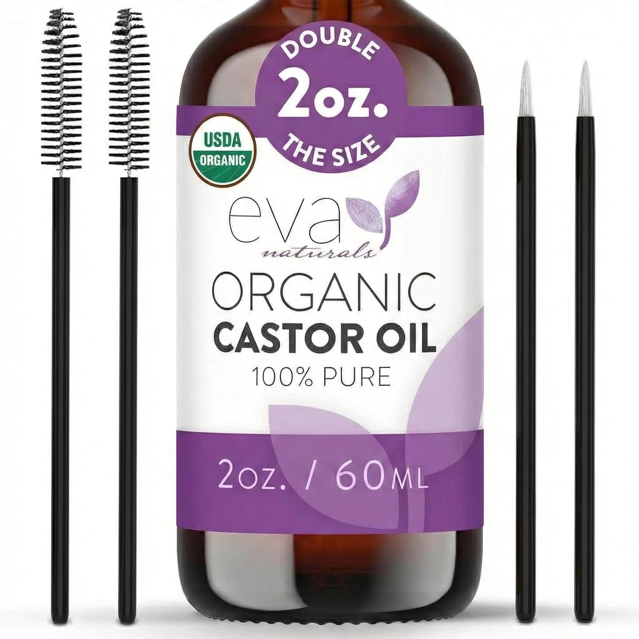 Eva Naturals Organic Castor Oil (2oz) - Promotes Hair, Eyebrow and Lash Growth - Diminishes Wrinkles and Signs of Aging - Hydrates and Nourishes Skin - 100% Pure and USP Grade - Premium Quality