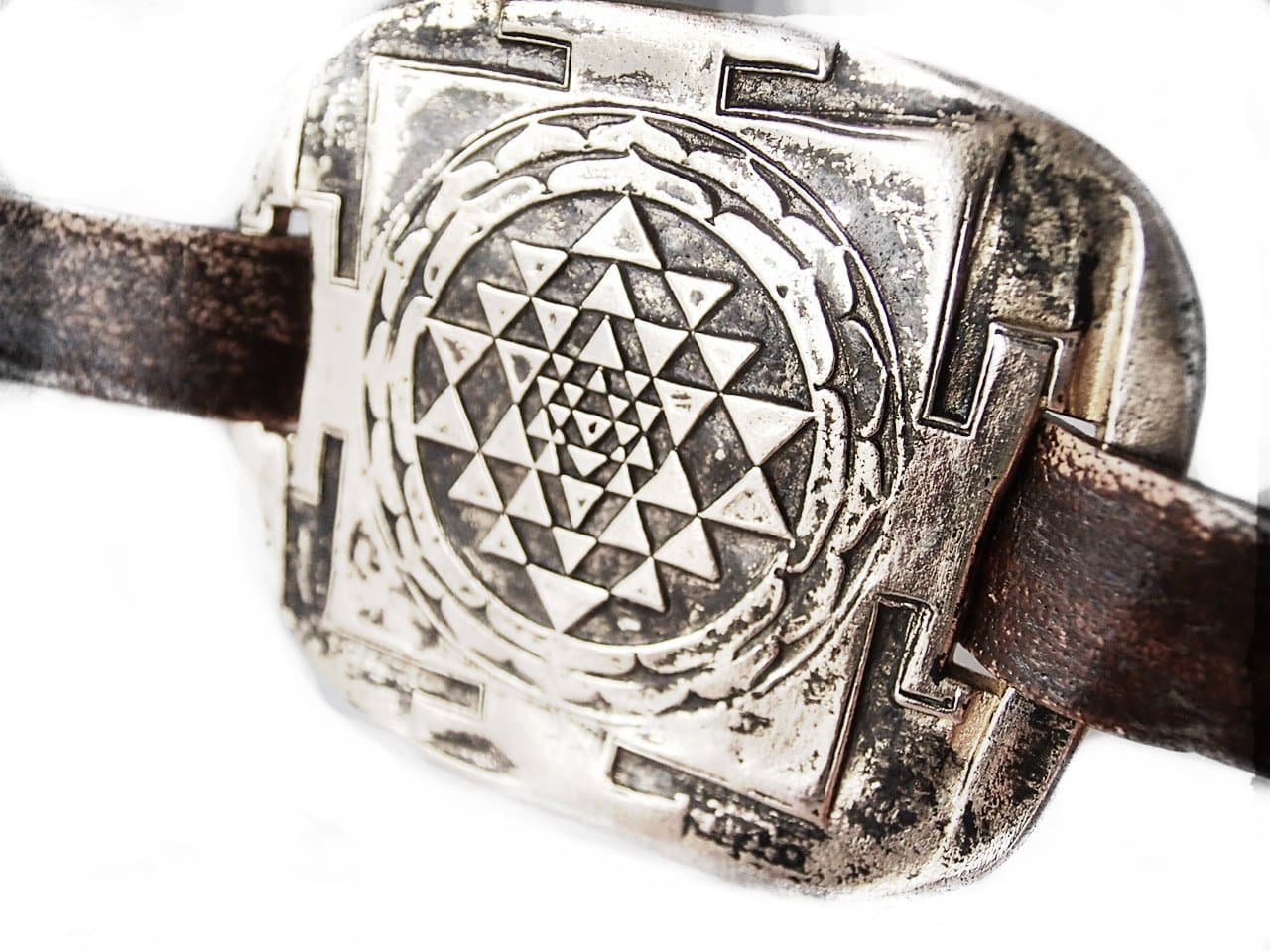Sri Yantra Artisan White Bronze & Medieval Leather Wrap Bracelet, Boho Men or Women Talisman