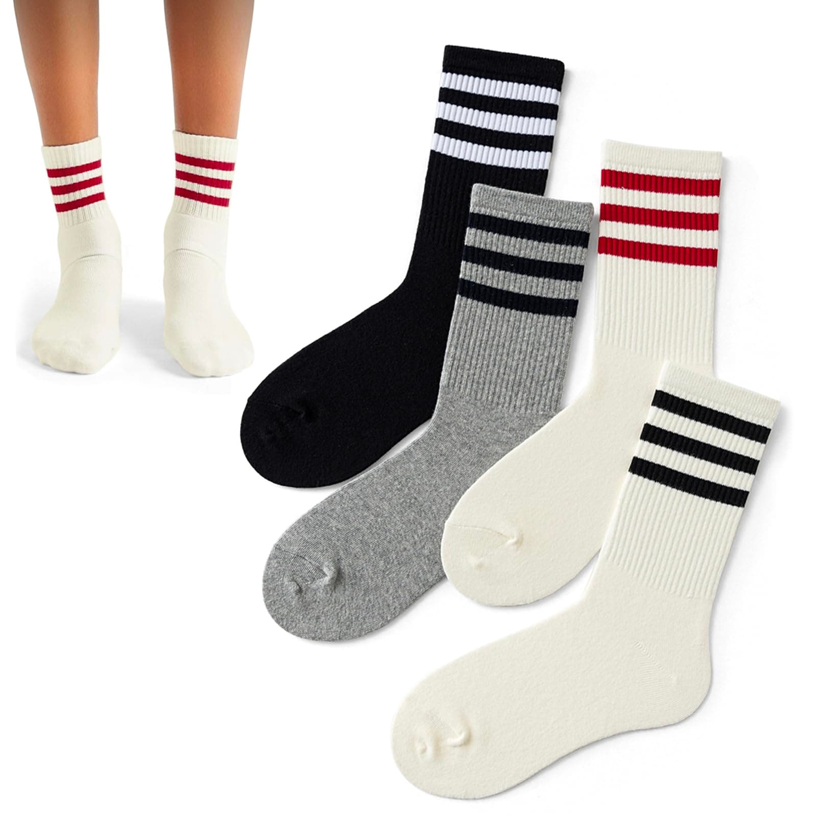 4 PAIRS Striped Crew Socks For Women Casual Cotton Novelty Retro Athltic Socks Unisex MultiColor
