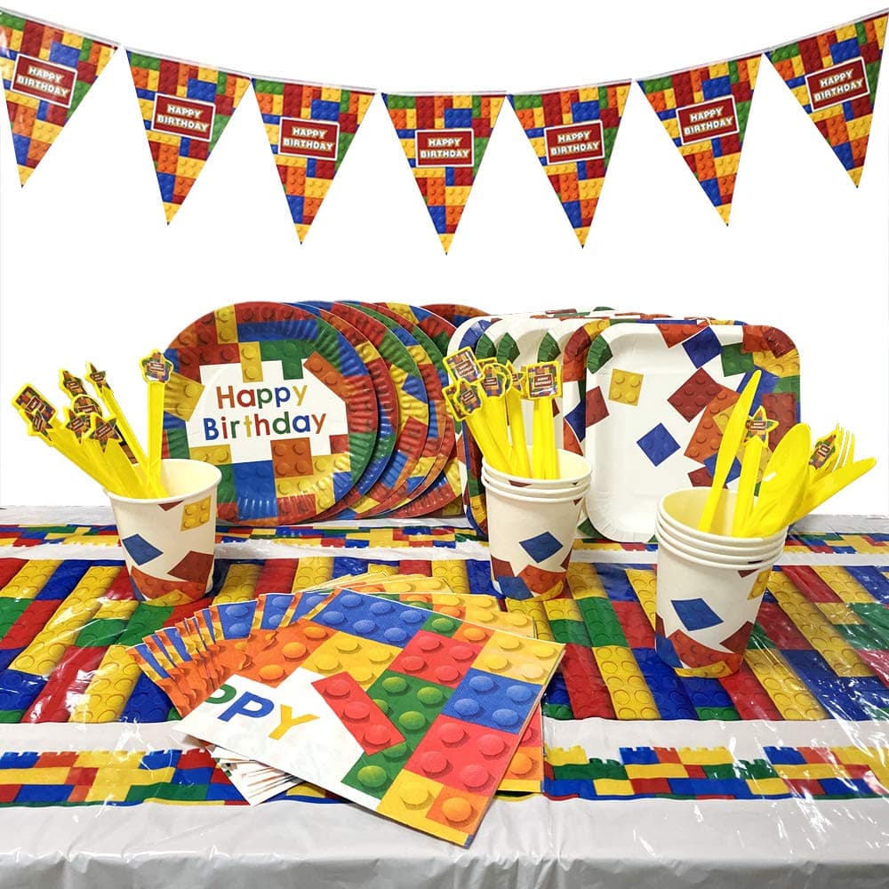 sopplea Building Blocks Party Supplies Plates Cups Napkins Tablecloth Happy Birthday Banner Kids Building Blocks Birthday Party 58 PCs Serve 8