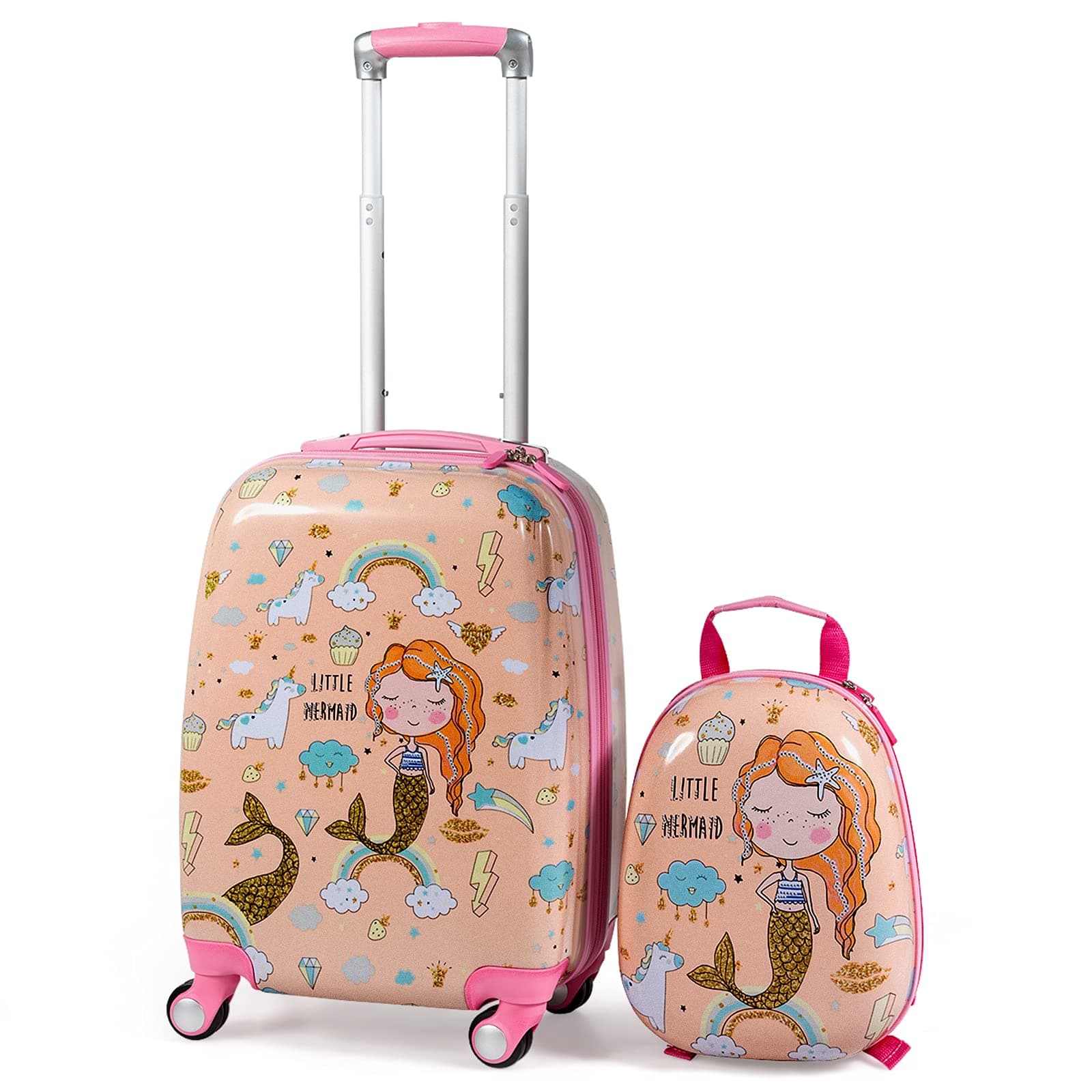 Kids Luggage, 12" Toddler Backpack & 18" Travel Suitcase with Wheels, Lightweight Toddler Girls Suitcase, Durable ABS Hardshell, 2Pcs Carry On Luggage Set for Boys Girls, Pink Mermaid