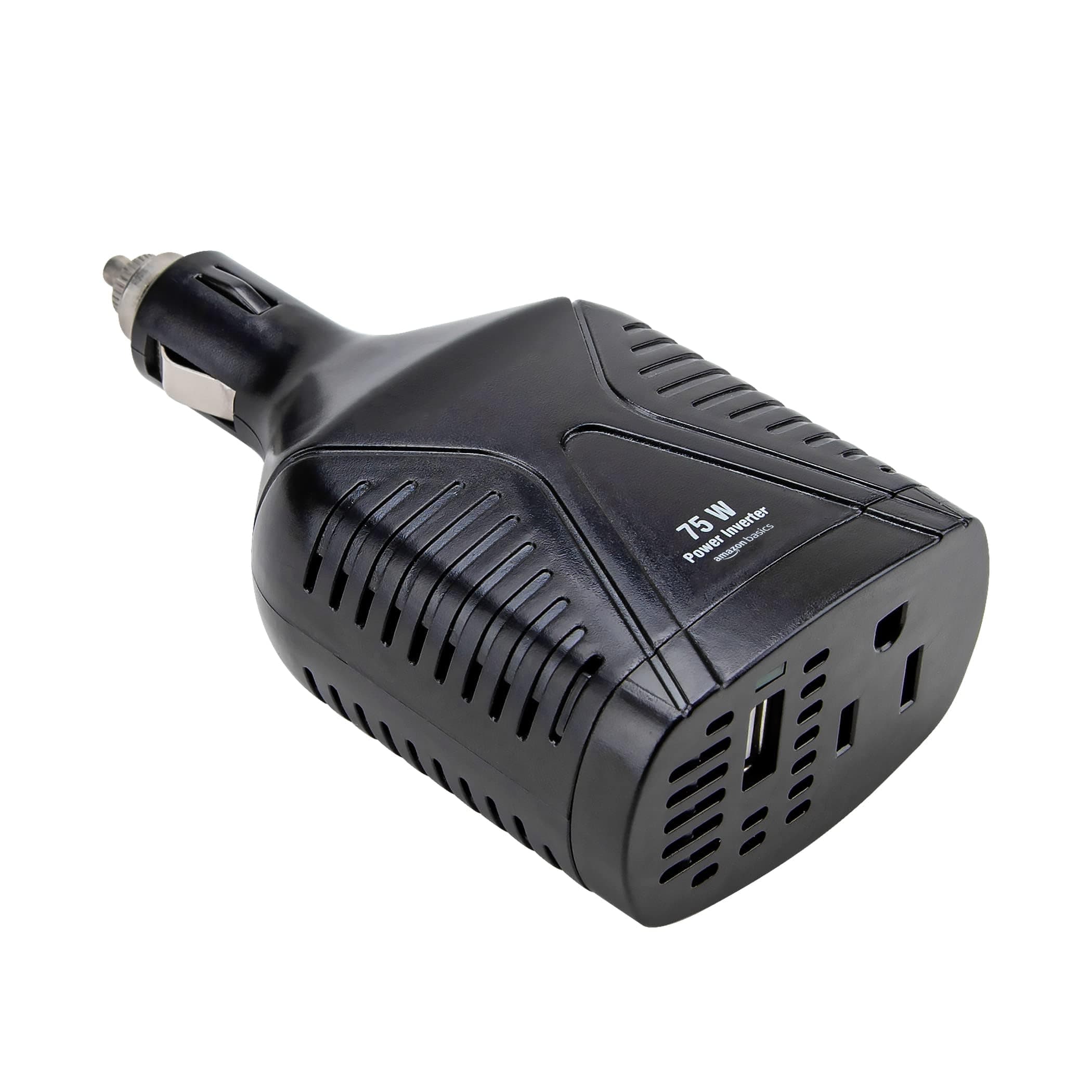 Amazon Basics 75W Portable Car Power Inverter, 12V to 110V, USB Charging Port, AC Outlet for Vehicles, Black, 5.07 x 2.65 x 1.6 inches