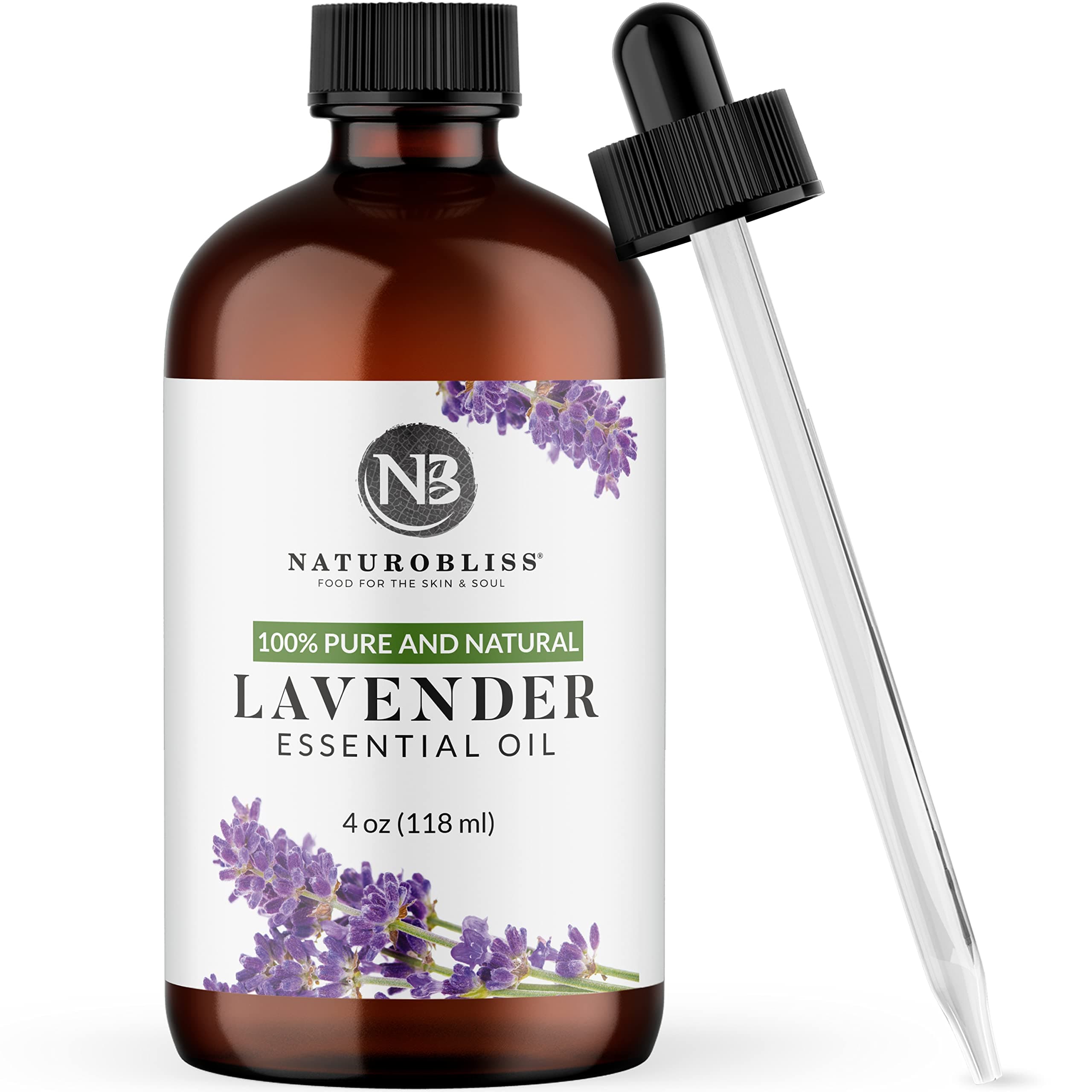 NaturoBliss Lavender Essential Oil with Glass Dropper - 100% Pure and Natural - Essential Oils for Diffuser, Aromatherapy, Soap and Candle Making, Lavender Essential Oil Pure, Lavender Oil, 4 Fl Oz