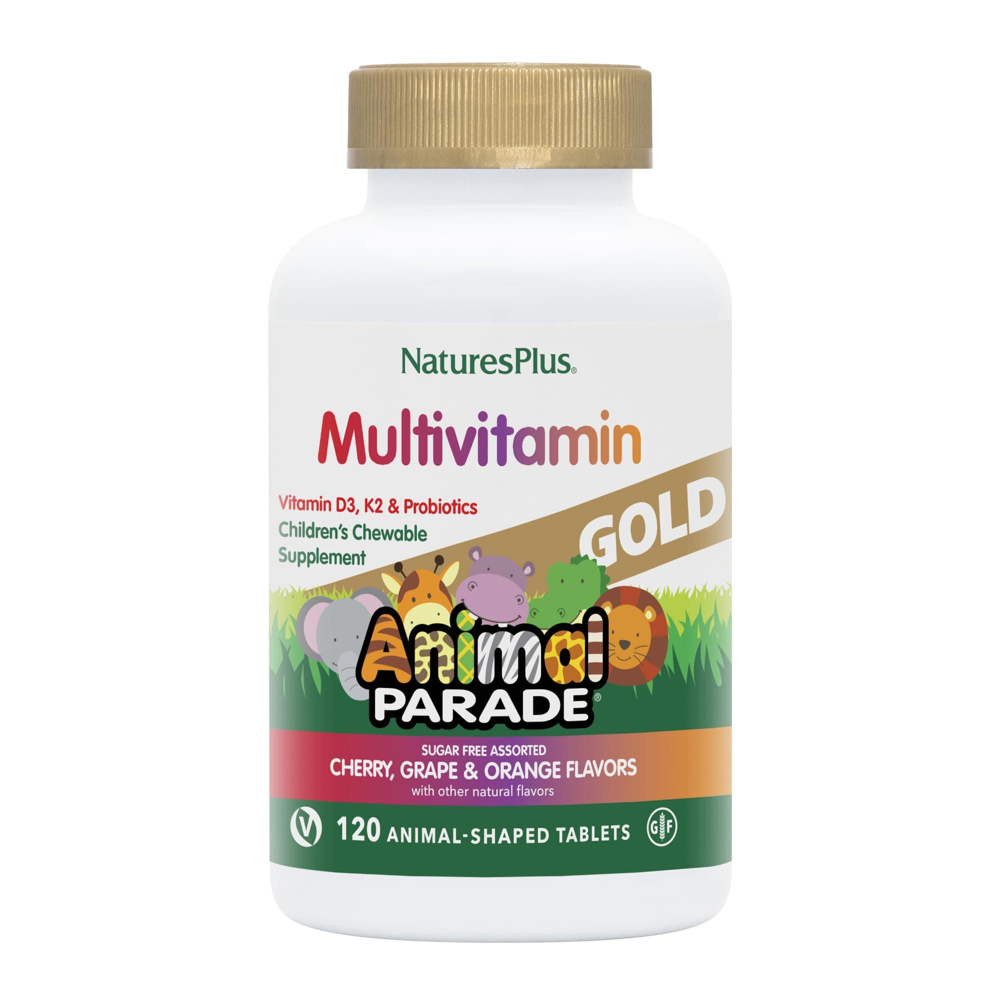 Animal Parade Gold Children's Multivitamin - Assorted Cherry, Orange & Grape Flavors - 120 Chewable Animal-Shaped Tablets - Vegetarian, Gluten Free - 60 Servings