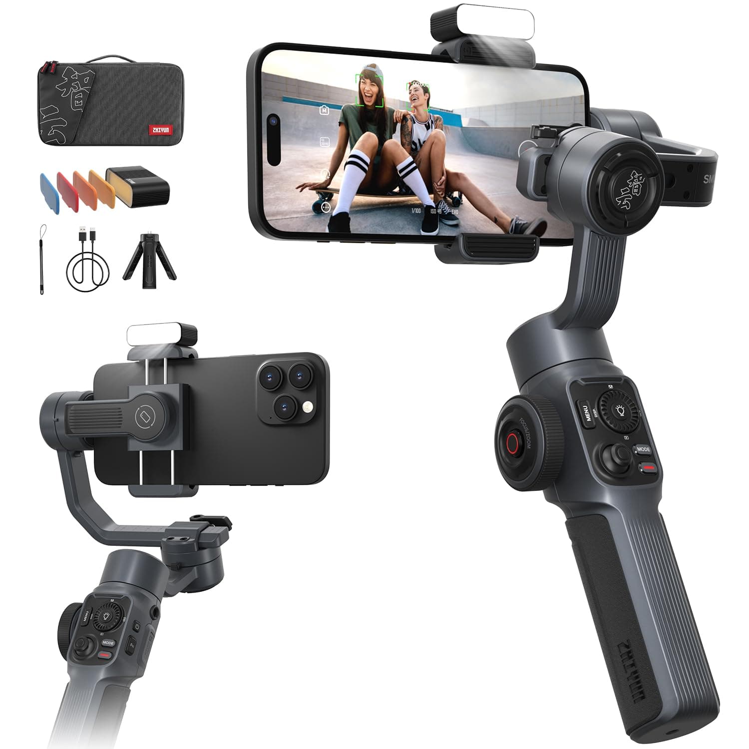 ZHIYUN Smooth 5 Combo [Official] 3 Axis Smartphone Stabilizer, Gimbal Phone for iPhone and Android, with Tripod, Bag, 2 300lm Light and Zoom for Vlog, Youtube and TikTok