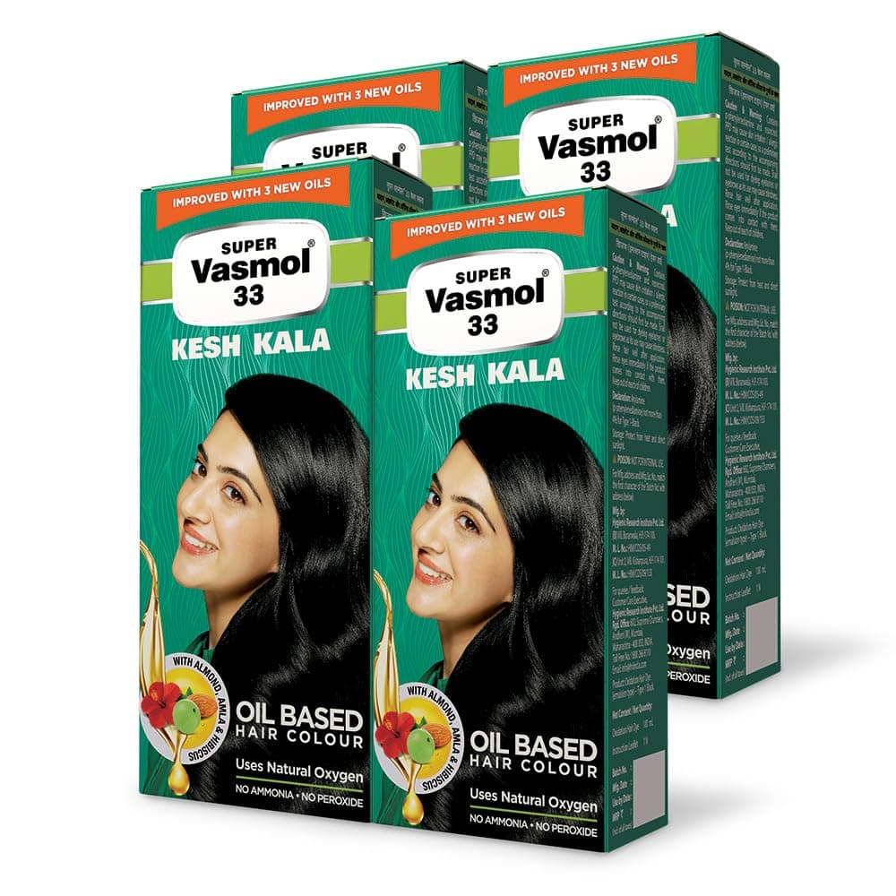 Vasmol Super 33 Kesh Kala 75Ml - Pack Of 4 I Black Colour I Oil Based Hair Colour I Improved With 3 New Oils I No Ammonia, No Peroxide