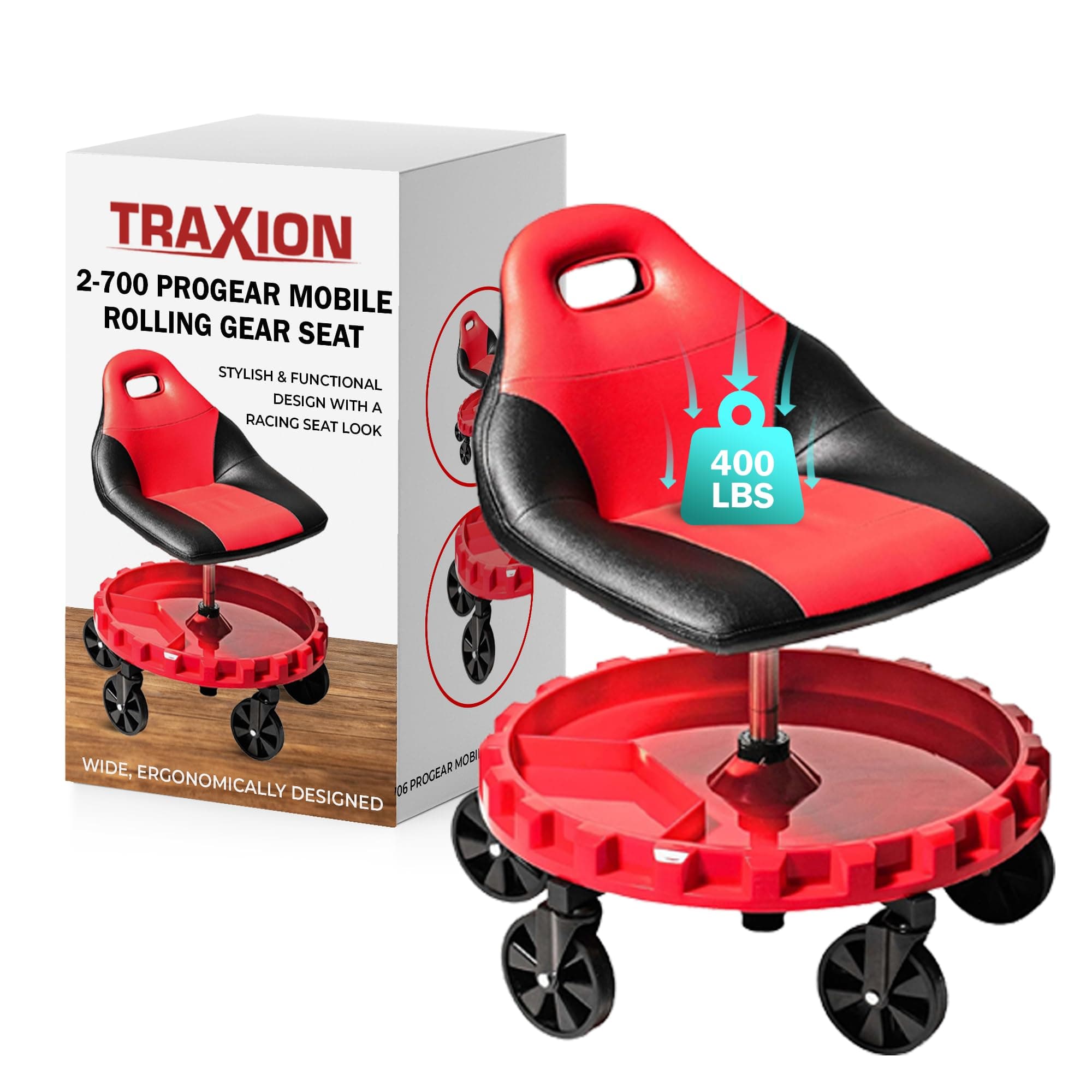 Traxion 2-700 ProGear Mobile Rolling Gear Seat W/Equipment Tray and Five All-Terrain 5" Casters