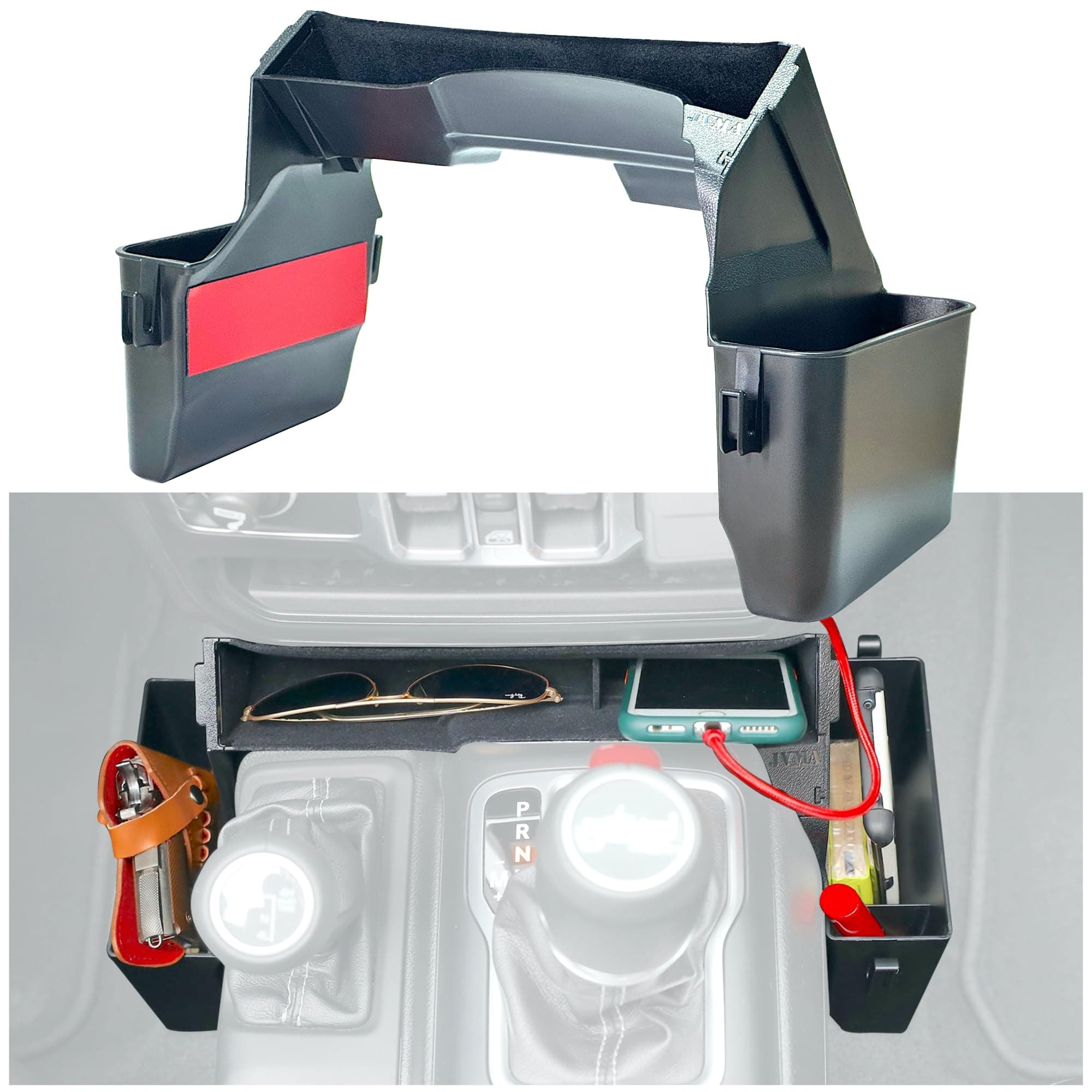 JVMA Center Console Gear Shift Organizer Tray for Jeep Gladiator JT Accessories and Wrangler JL JLU 2024 2023 2022 2021 2020 2019 2018 Storage Box, Car Trash Bag Hook (US Patent)