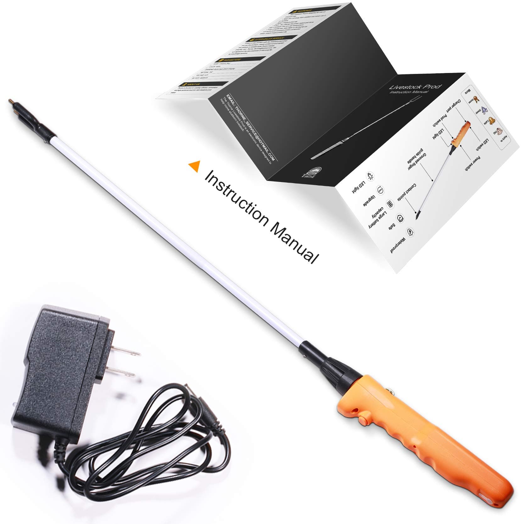 Cattle Prod, LED Light, Rechargeable, 43.7 inches, Orange Metal