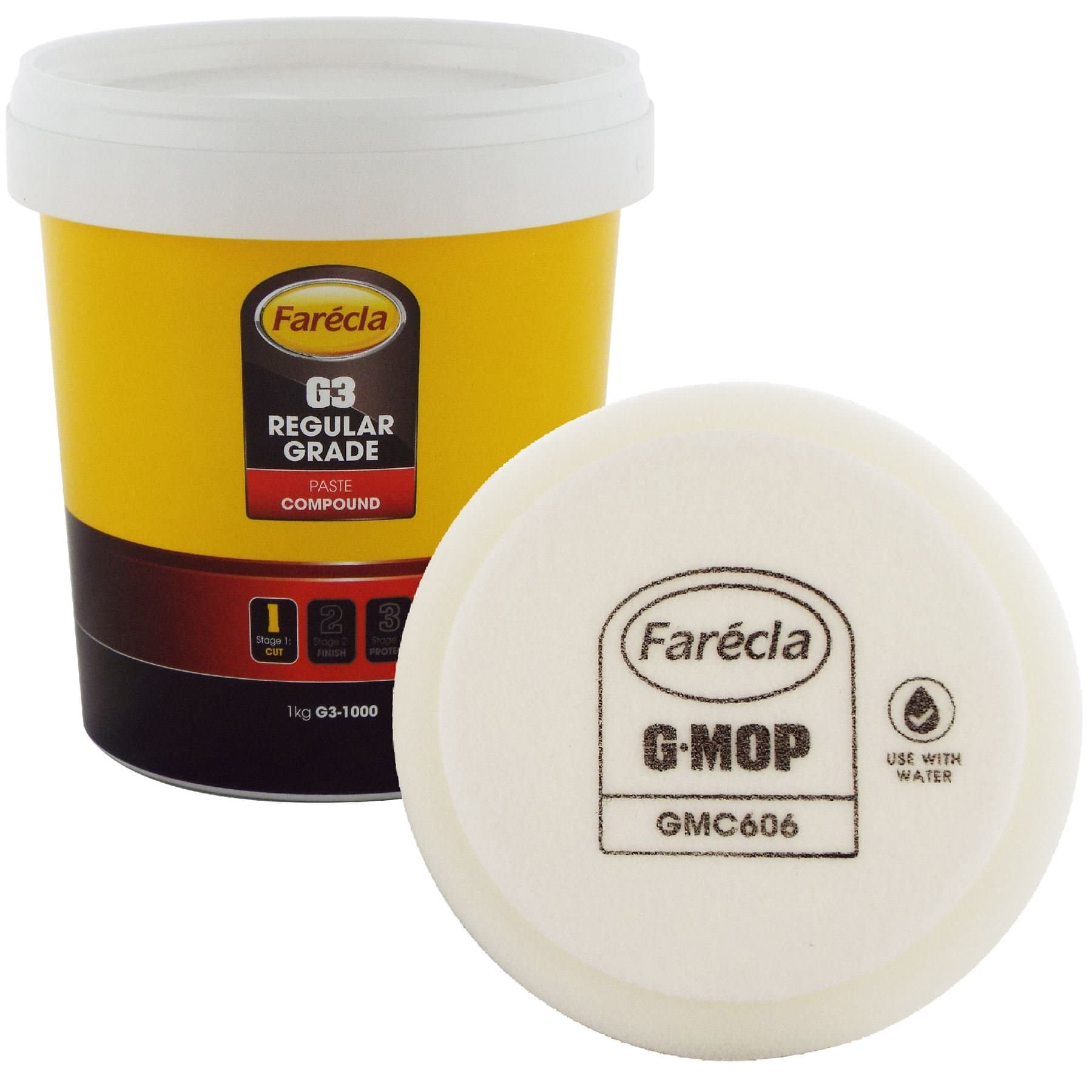 Farecla G3 Rubbing Compound Regular Cutting Paste 1kg 1000g Tub Car Polishing Scratch Swirl Remover Colour Restorer Permanent Finish + Farecla GMC606 6" GMop Wet Use Compounding Foam