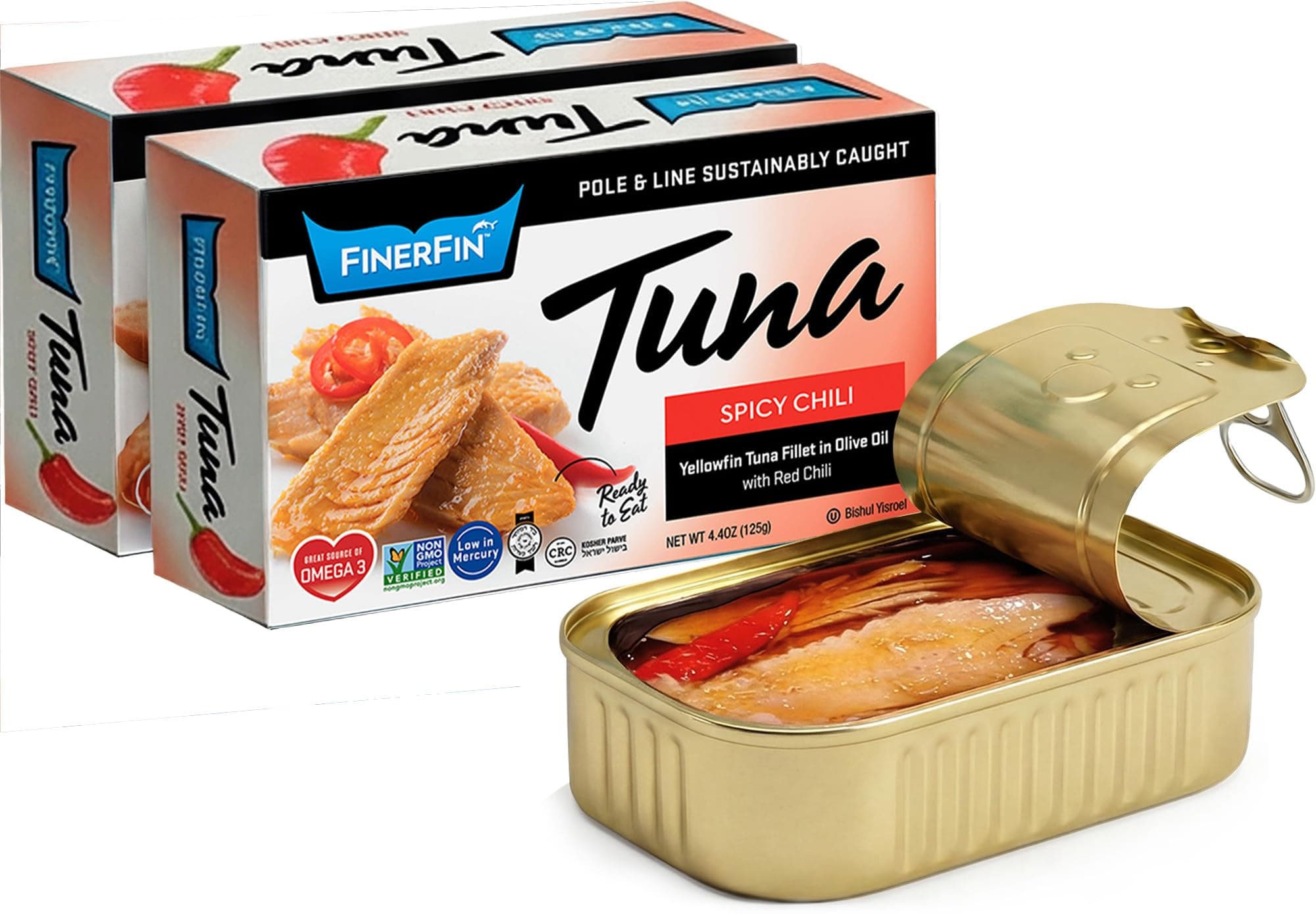 FinerFin Yellowfin Tuna Fillets in Organic Olive Oil | Spicy Chili Flavor | Premium Canned Tuna Fish with EVOO | Gourmet Ready-to-Eat Pole & Line Caught Fillets | 4.4oz can - 2 Pack