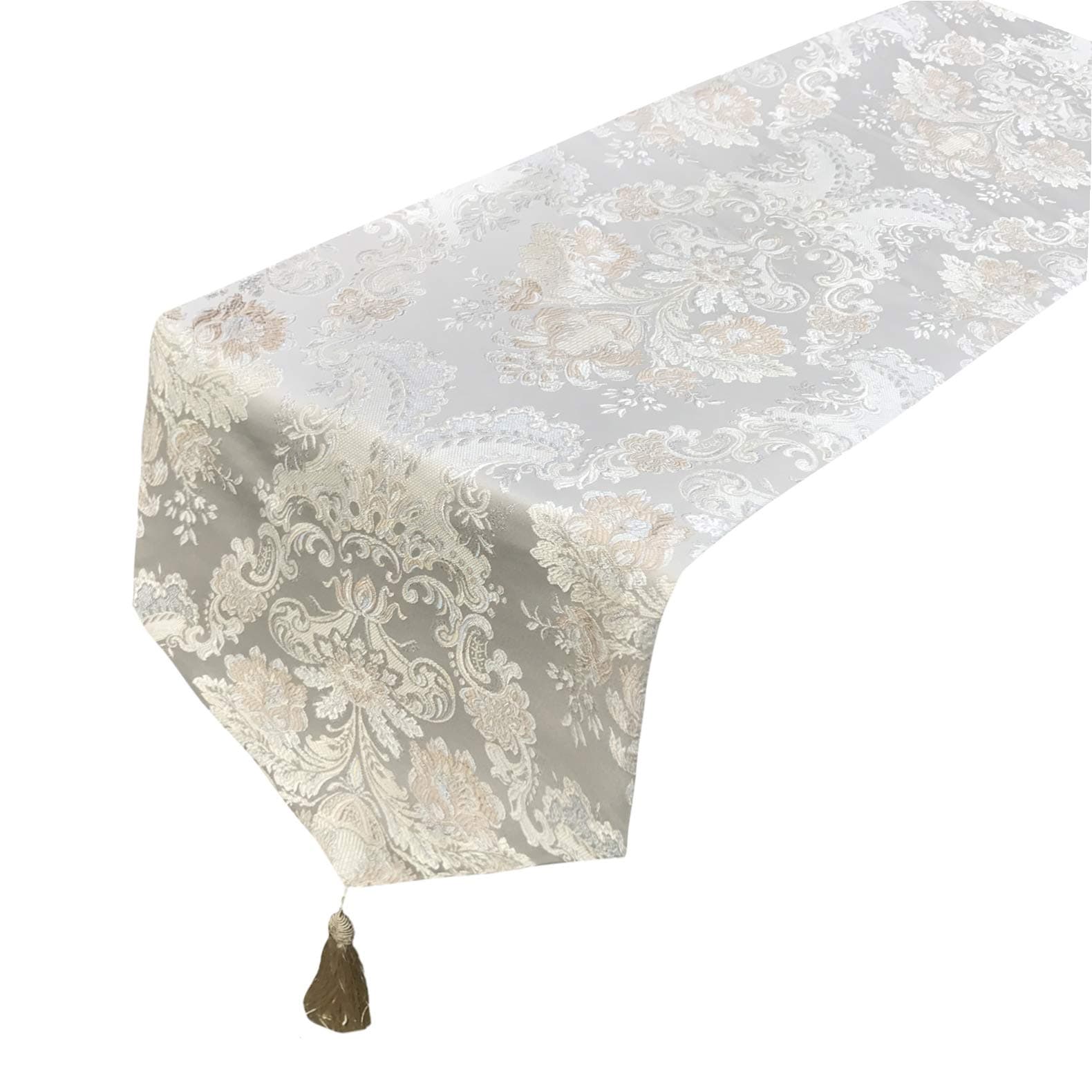 MAGILONA Home Tablecover Decorative Luxurious Cotton Linen Velvet 3D Relief Embroidered Floral Pattern Table Runner with Tassel Dining Party 13x83 in (Beige#2)