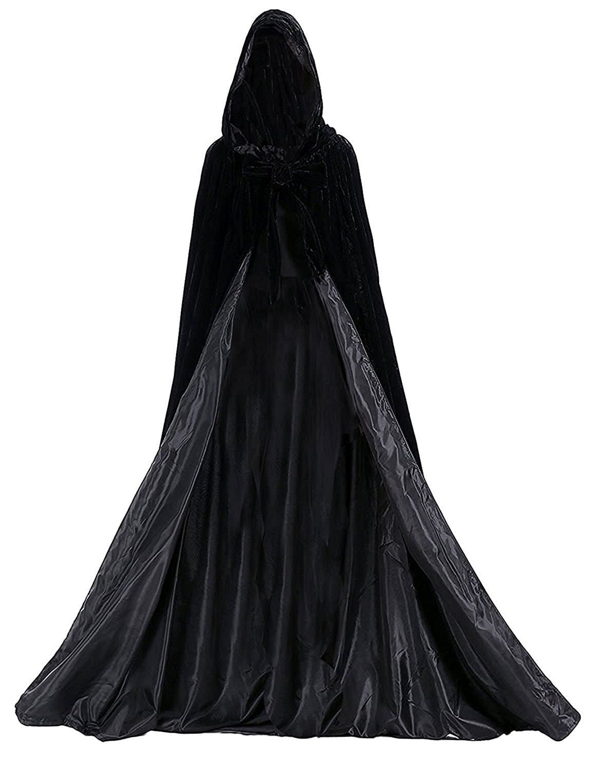 Dressvip Black Halloween Cloak Black Long Cape Medieval Cape Cosplay (2XL, Black)