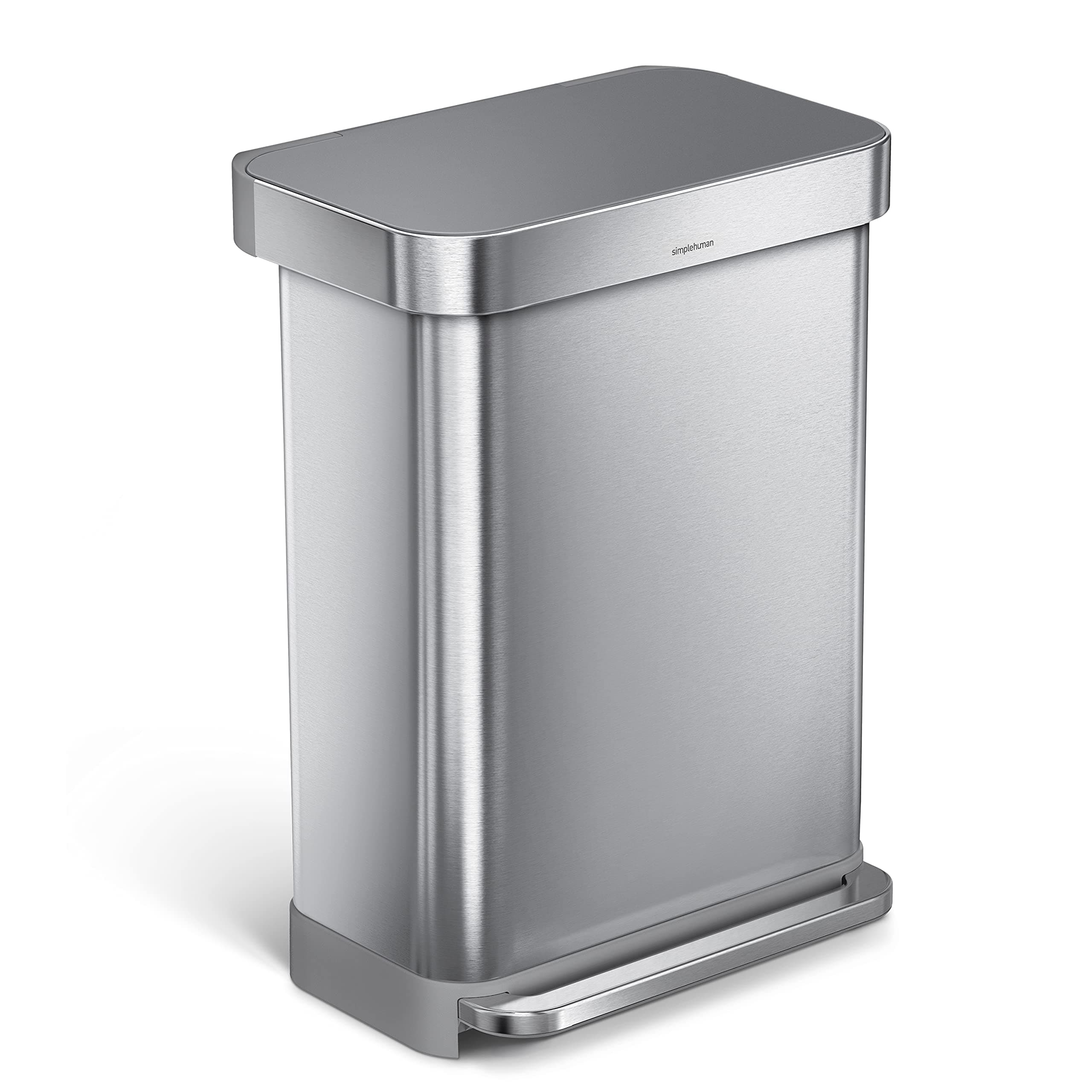 CW2086 55L Rectangular Kitchen Pedal Bin with Liner Pocket, Silent Soft Close Lid, Strong Wide Pedal, Dent-Proof Plastic Lid, Brushed Stainless Steel with Grey Plastic Lid
