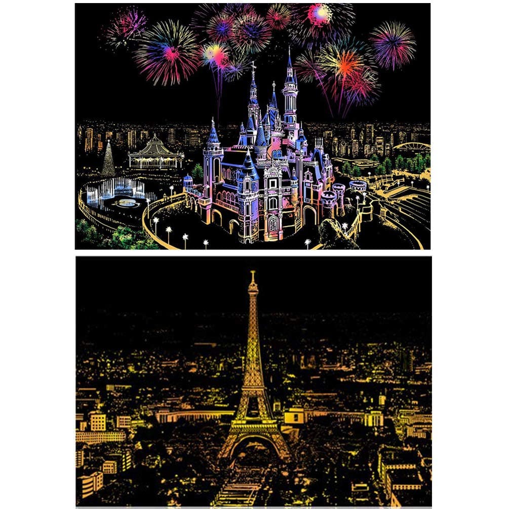 Scratch Art Paper DIY Night View Rainbow Painting Sketch Pad for Adult and Kids - 2 Packs, 16 X 11.5 Inches