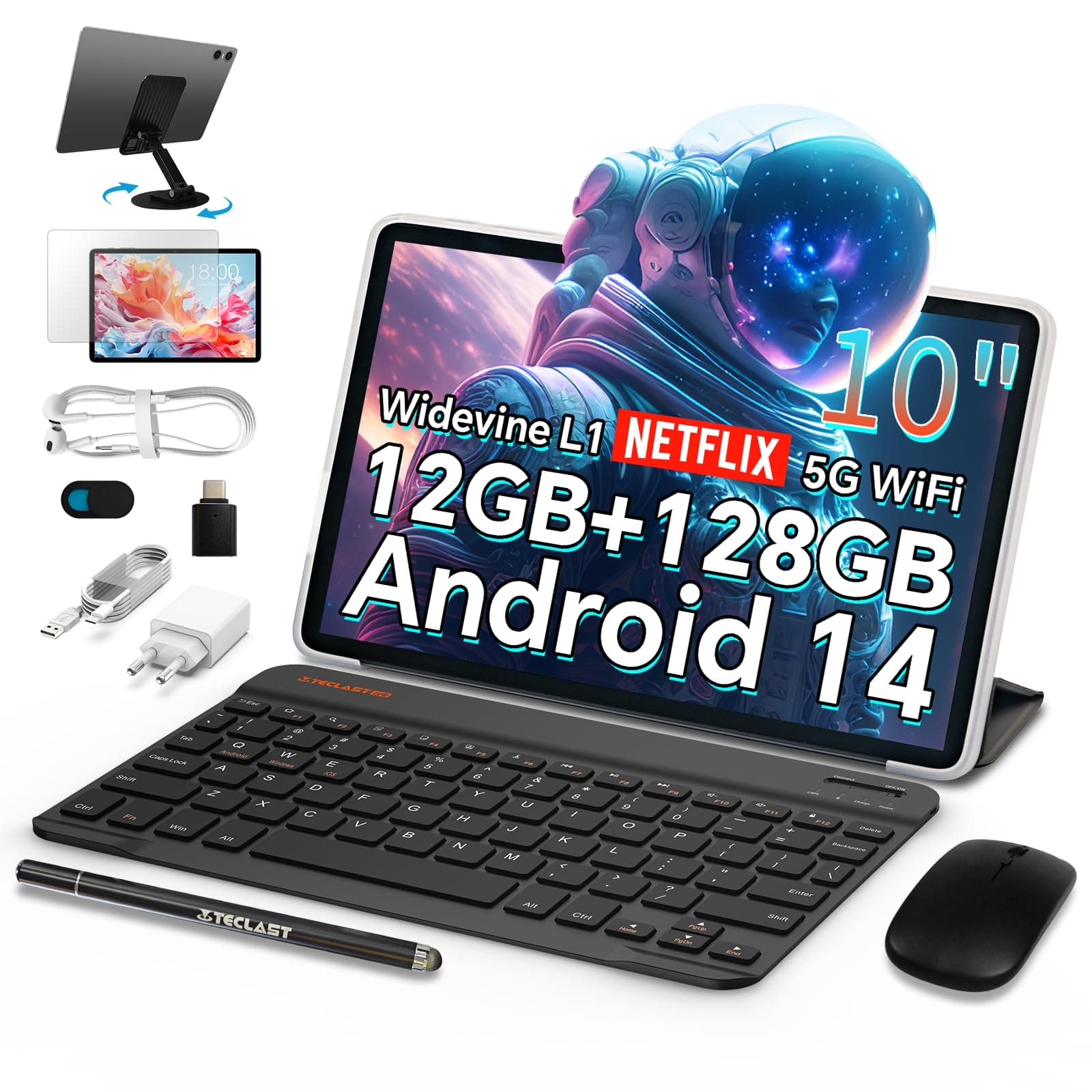 TECLAST Android Tablet with Keyboard, 10 inch Android 14, 10GB RAM 128GB ROM,1TB Expand, WiFi 6, Bluetooth 5.4, 6000mAh Battery, GPS, 2 in 1 Tablet with Keyboard, Mouse, Case, Stylus