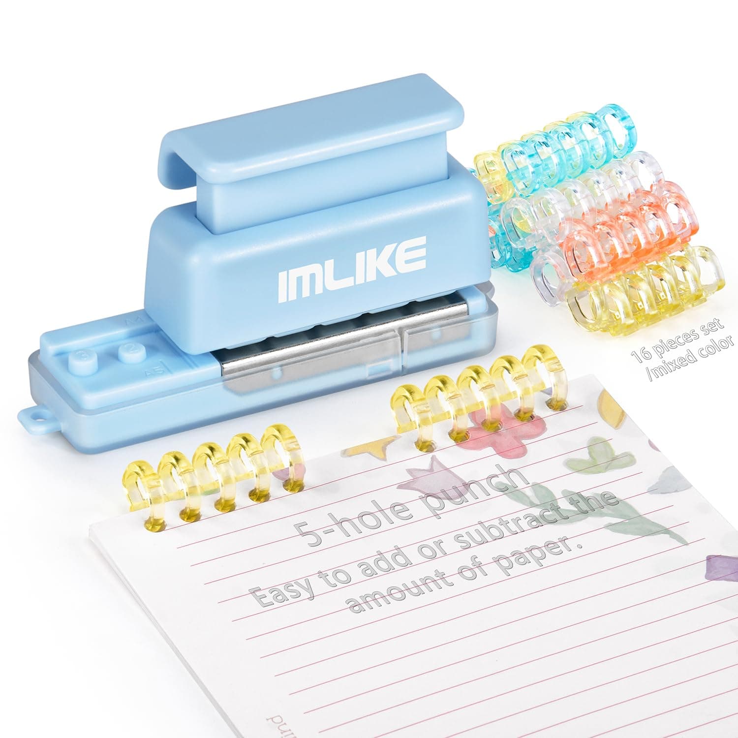 Mini 5-Hole Binding Machine - IMLIKE 5 Holes Binding Machine with 16 Loose-Leaf Binding Strips - Easy to Add or Remove Papers, 4 Sheets Capacity (A4/30 Holes, B5/26 Holes, A5/20 Holes) - Blue