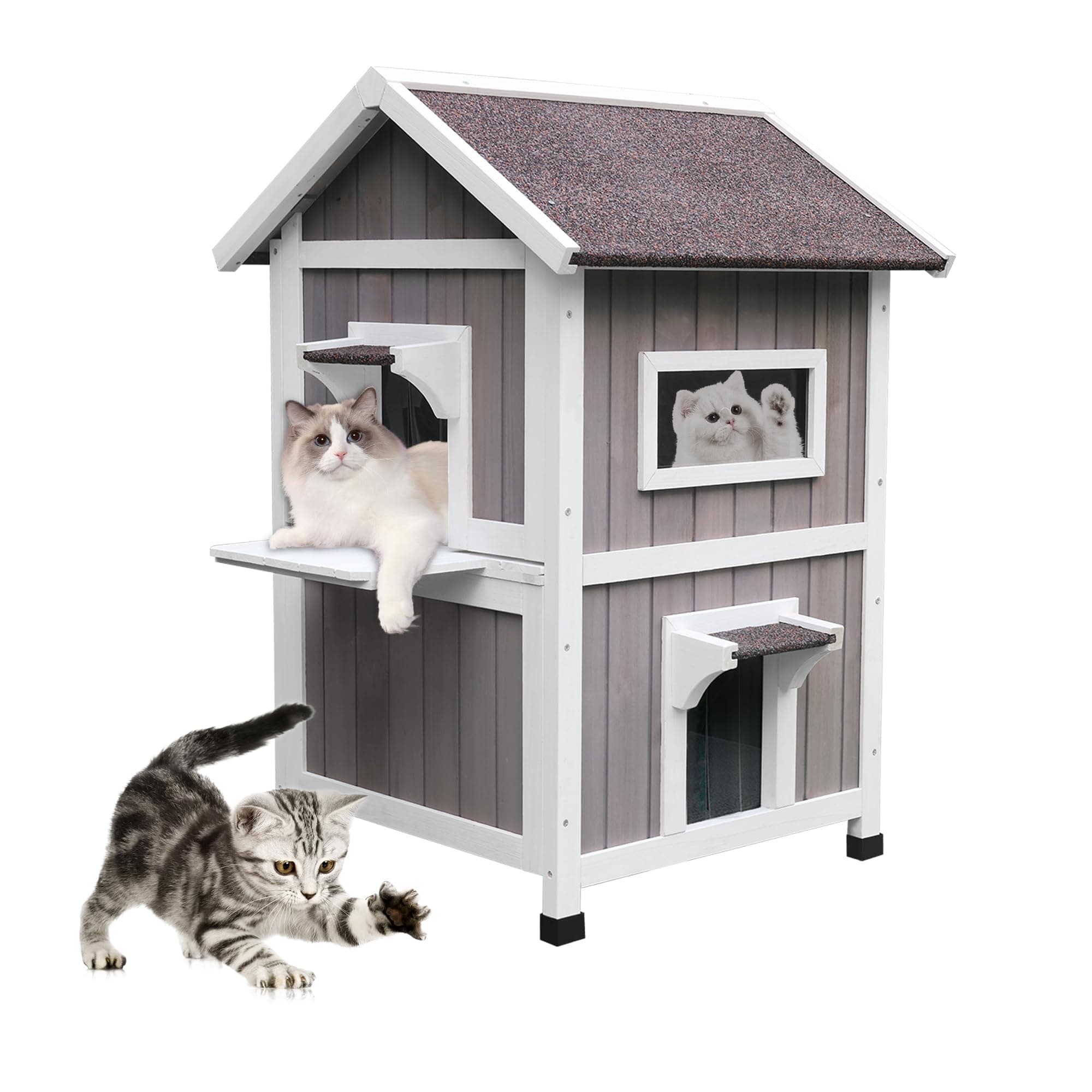 ROCKEVEROutdoor Cat House, 2 Story Outdoor Houses for Feral Cats Wooden Outside Cat Shelter Weatherproof with Escape Door