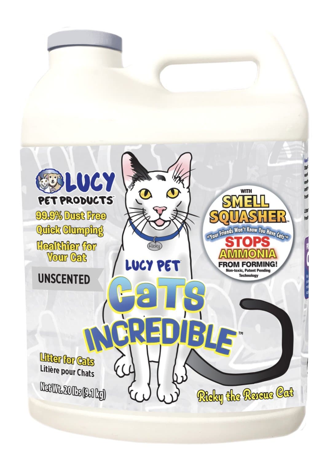 Lucy Pet Cats Incredible™ 20 lb Jug Clumping Cat Litter with Smell Squasher™, Absorbent Natural Clay Formula Prevents Ammonia Build-Up, Unscented