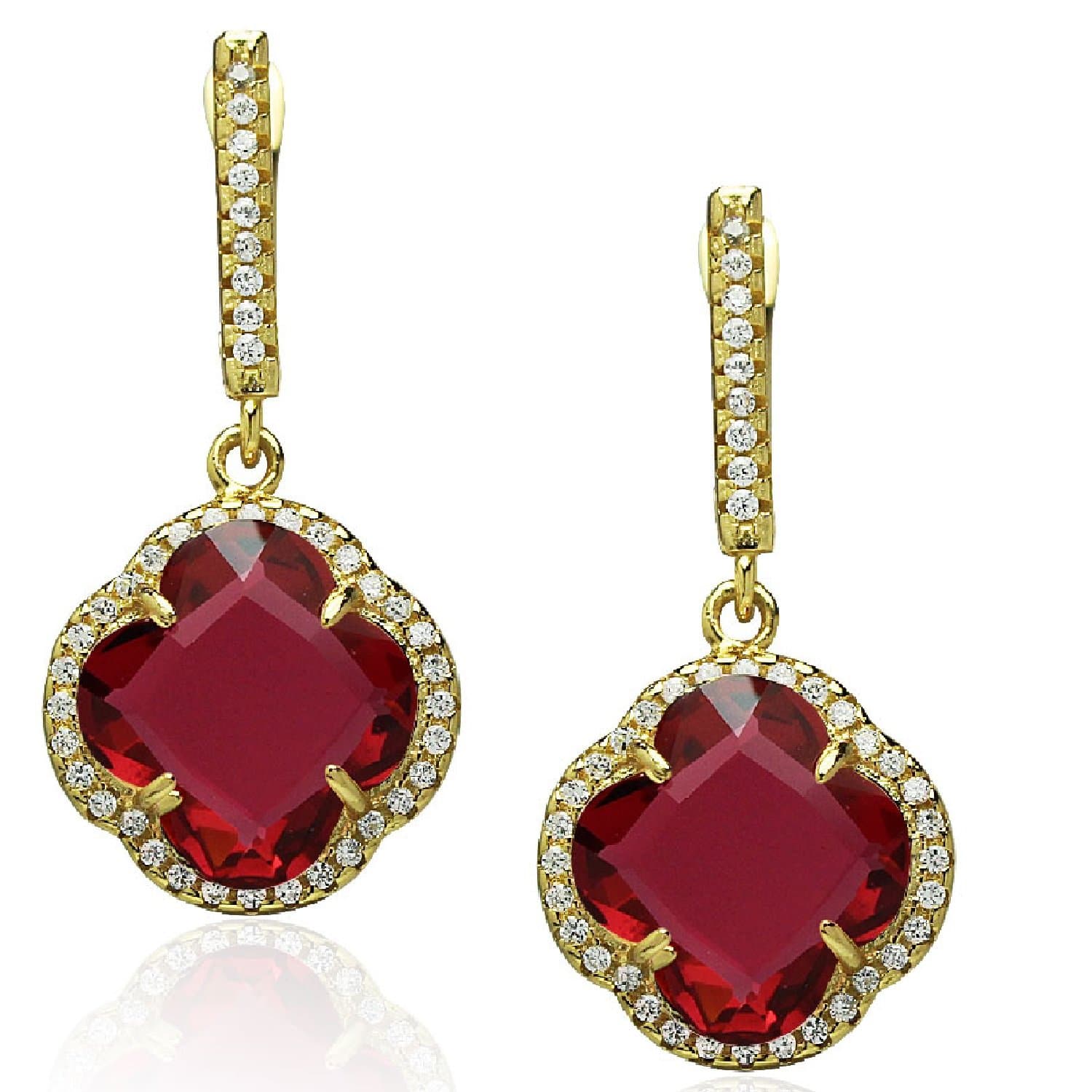 Piers Design Fuchsia Glass Stone Clover Dangle Earrings, CZ Border, Gold Flashed Sterling Silver